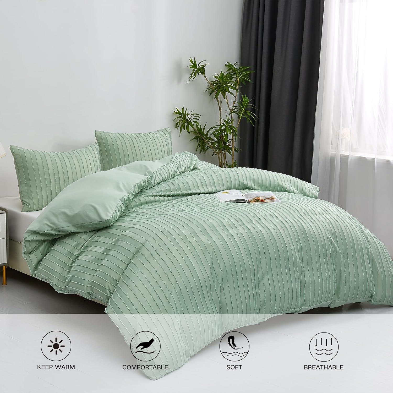 Sage Green Striped Textured Queen Duvet Cover Set