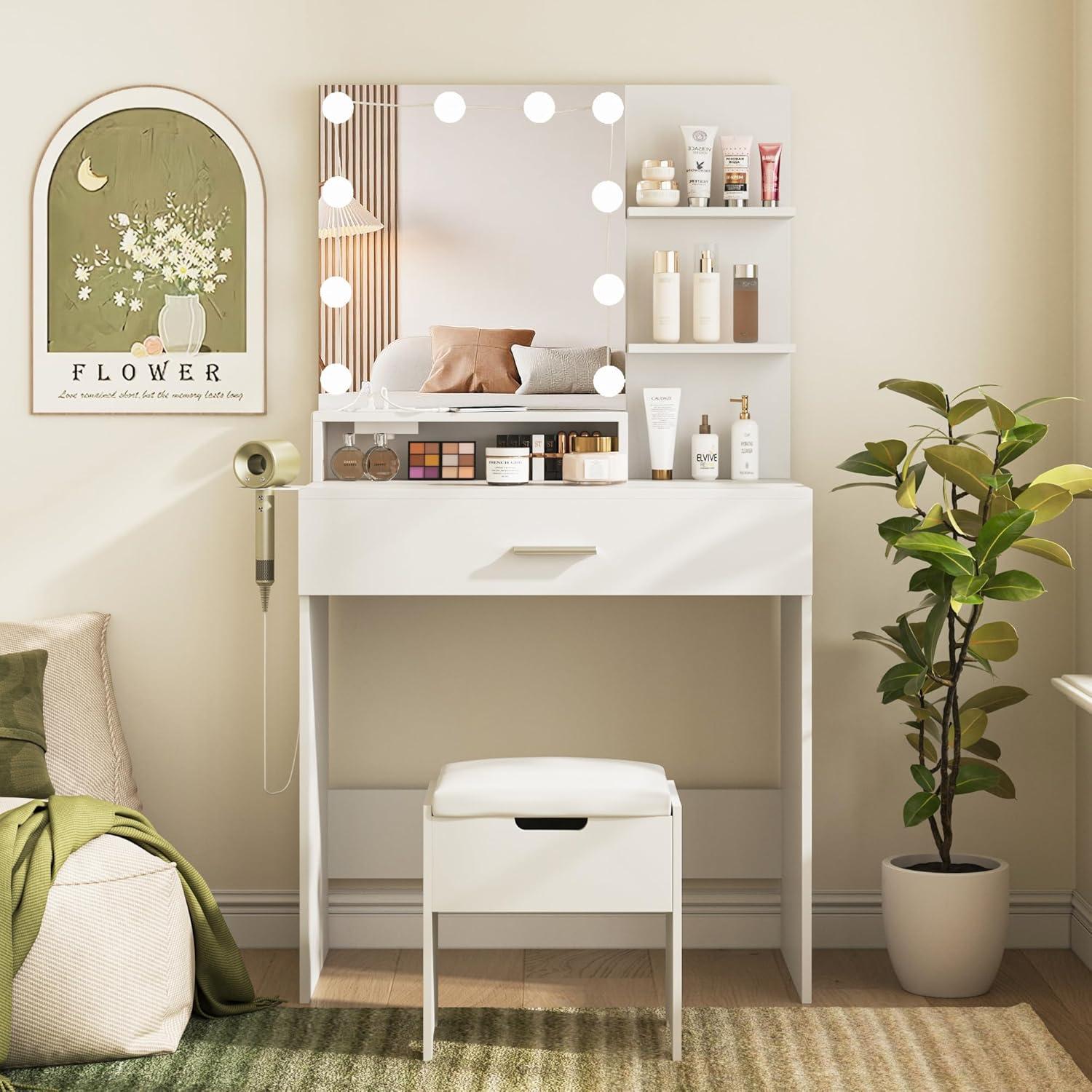 Vabches Small Vanity Desk with Mirror and Lights, Makeup Vanity with Storage Chair & Power Strip,Girl Dressing Table Set with Drawer for Bedroom,3 Lighting Modes,Brightness Adjustable,White