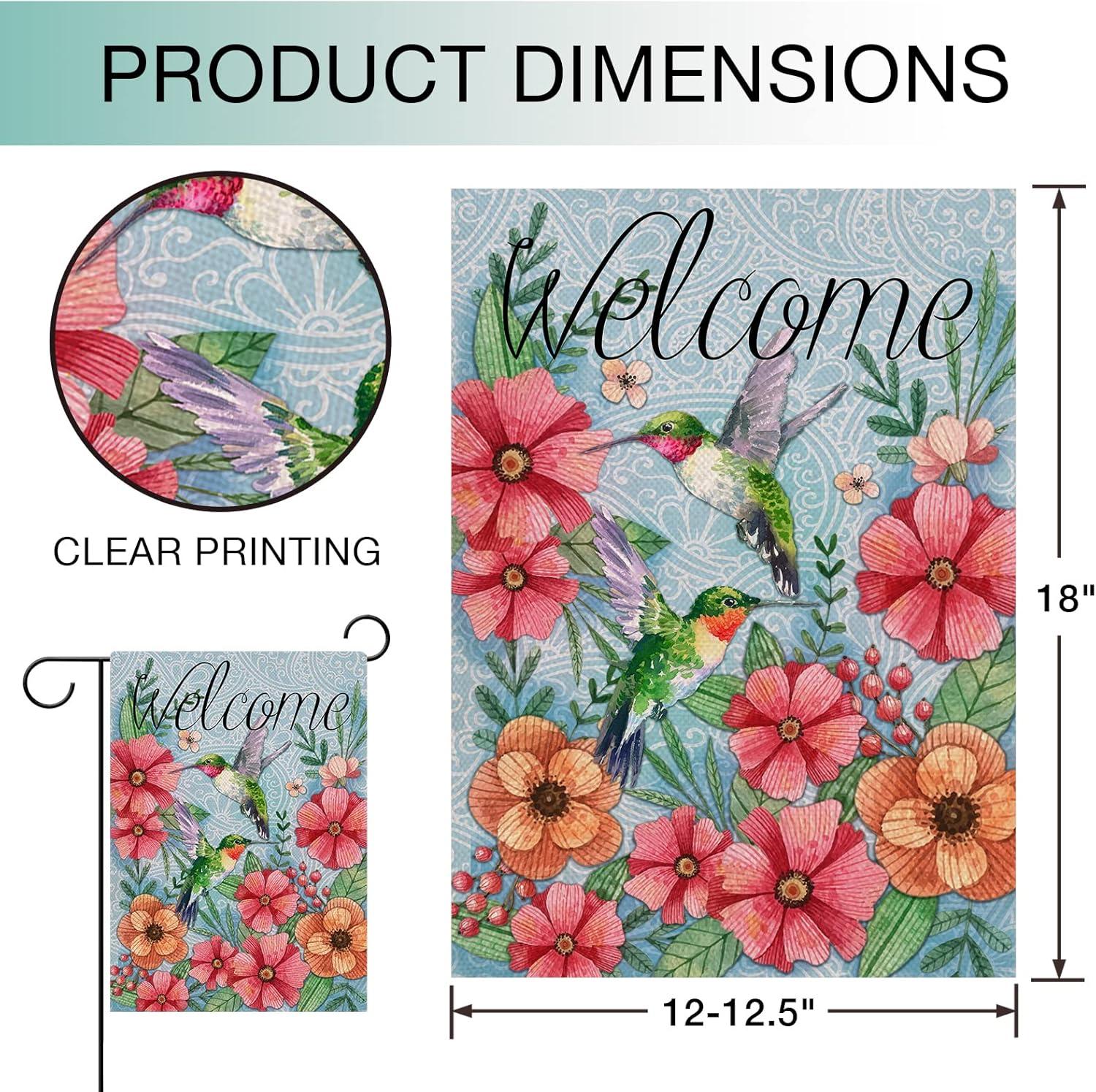 Jbralid Welcome Spring Garden Flag Hummingbird, Decorative House Yard Lawn Outdoor Small Burlap Bird Flag Flower Decor, Vintage Summer Farmhouse Seasonal Outside Decorations Double Sided 12 x 18