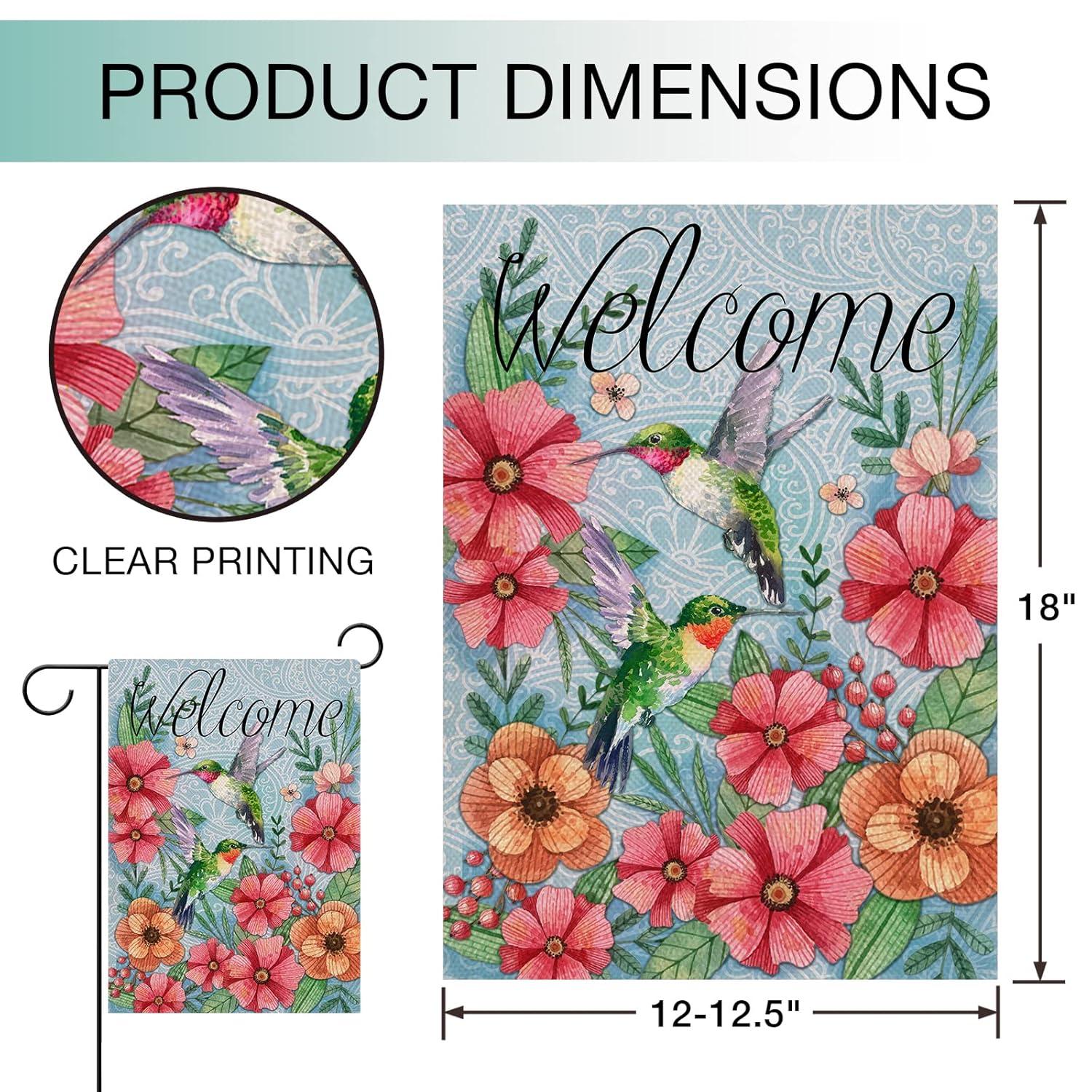 Jbralid Welcome Spring Garden Flag Hummingbird, Decorative House Yard Lawn Outdoor Small Burlap Bird Flag Flower Decor, Vintage Summer Farmhouse Seasonal Outside Decorations Double Sided 12 x 18