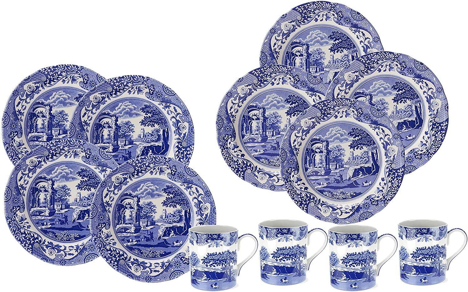 Blue Italian 12-Piece Porcelain Dinnerware Set with Scenic Design