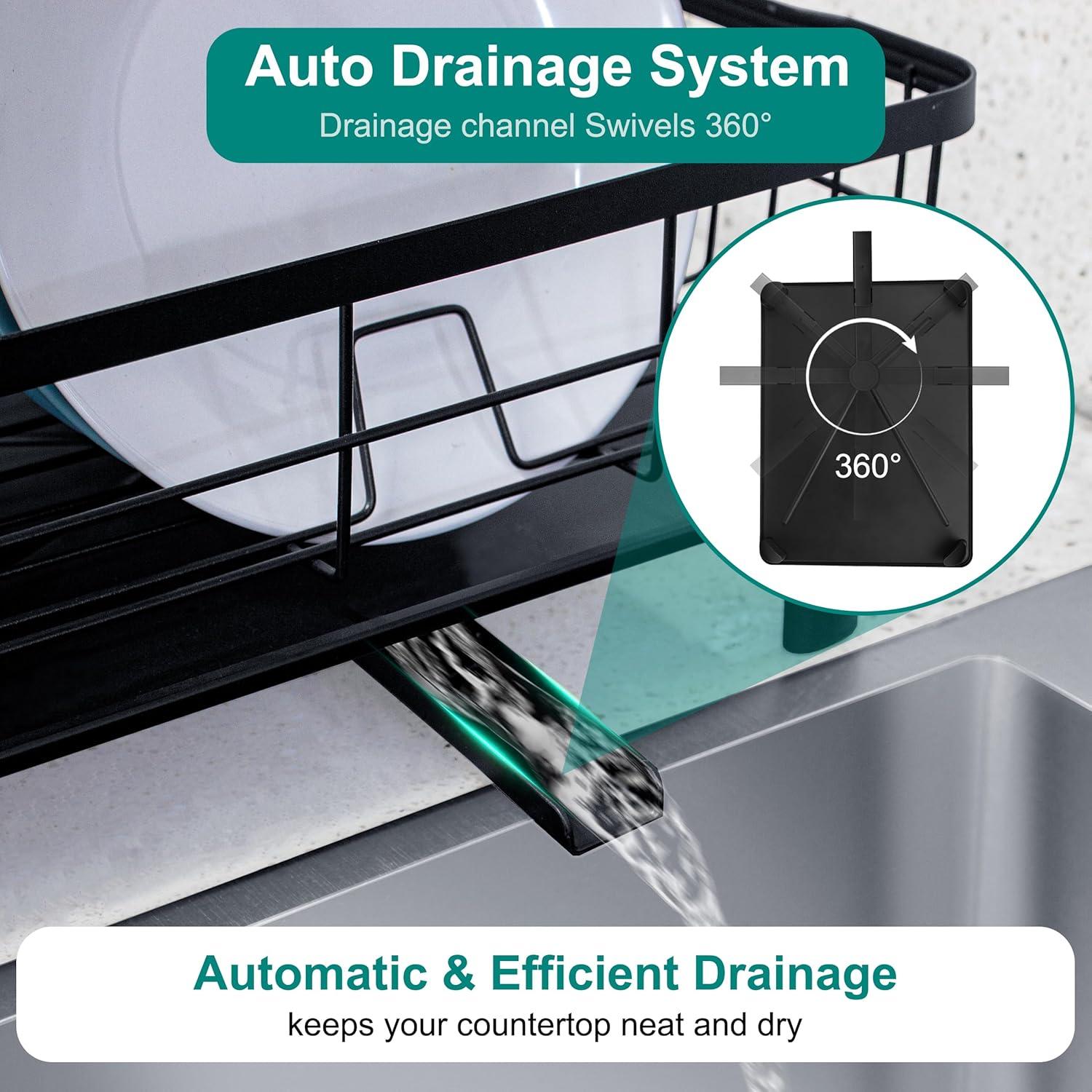 2-Tier Dish Drying Rack for Kitchen Counter,Space-Saving Dish Rack with Drainboard,Rustproof Countertop Dish Drainer with Utensil Holder for Sink,Black