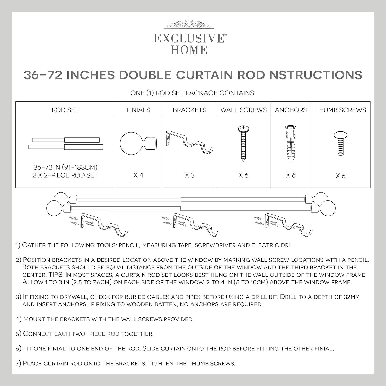 Exclusive Home 36"-72" Topper Double Curtain Rod - Matte Black: Adjustable Iron Set, 25 lb Capacity, Flat Cap Finial