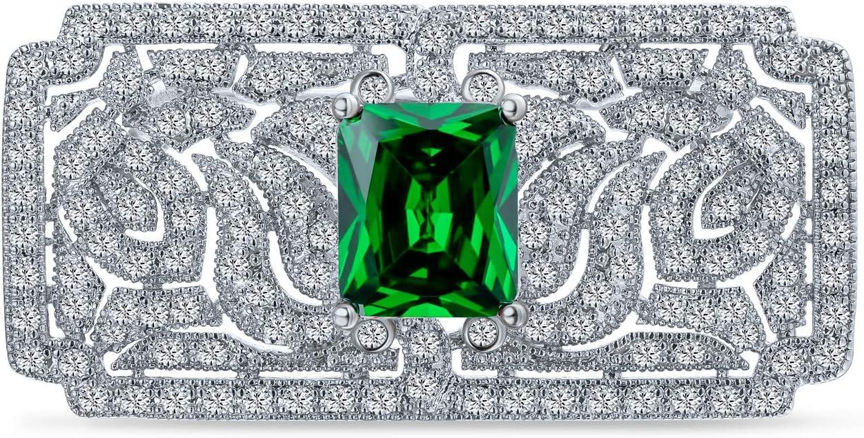 Bohemian Green CZ Rectangle Brooch Pin for Women Silver Plated Dainty Emerald Birthstone Vintage Filigree Geometric Brooches Lapel Pins Dress Accessories Wedding Mother's Birthday Jewelry Gift