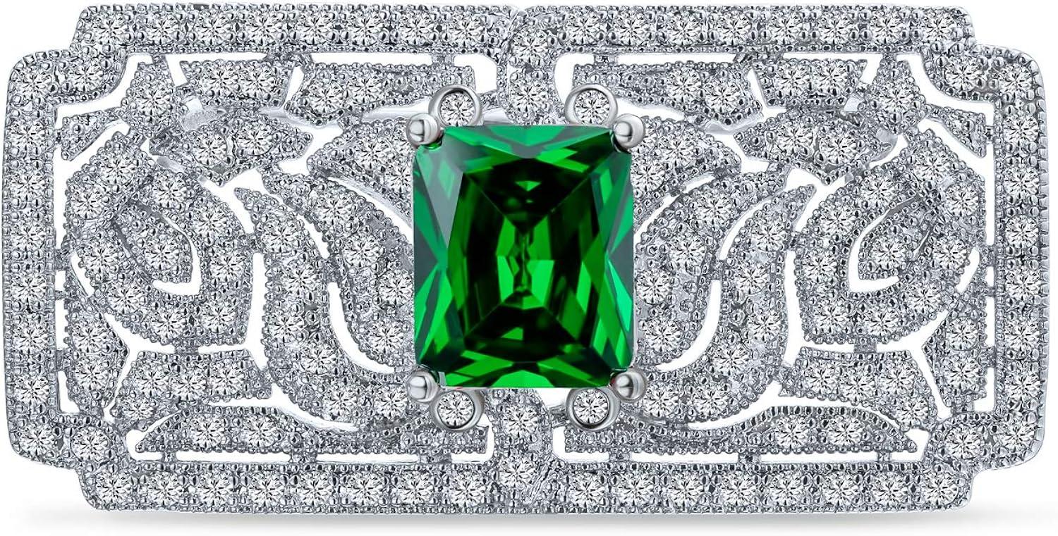 Bohemian Green CZ Rectangle Brooch Pin for Women Silver Plated Dainty Emerald Birthstone Vintage Filigree Geometric Brooches Lapel Pins Dress Accessories Wedding Mother's Birthday Jewelry Gift
