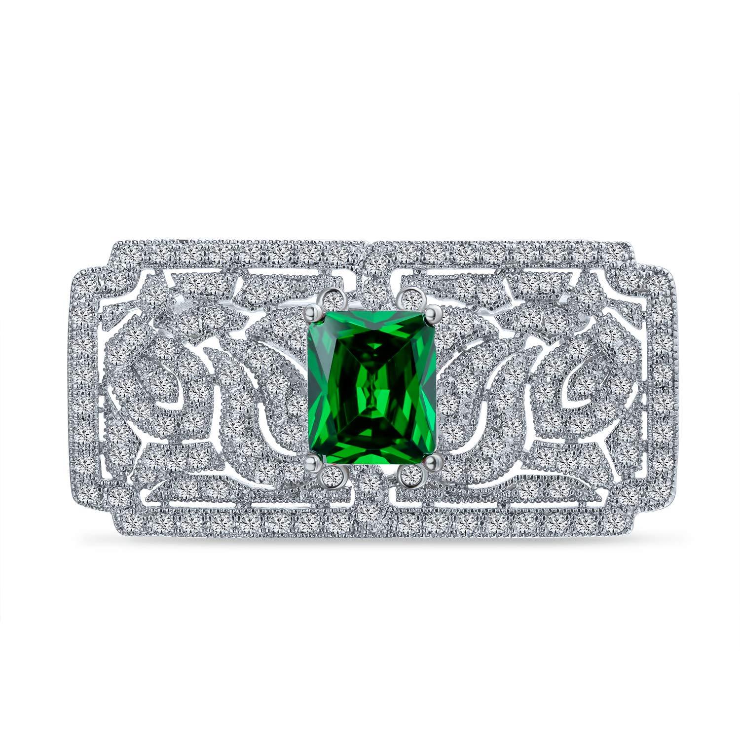 Bohemian Green CZ Rectangle Brooch Pin for Women Silver Plated Dainty Emerald Birthstone Vintage Filigree Geometric Brooches Lapel Pins Dress Accessories Wedding Mother's Birthday Jewelry Gift