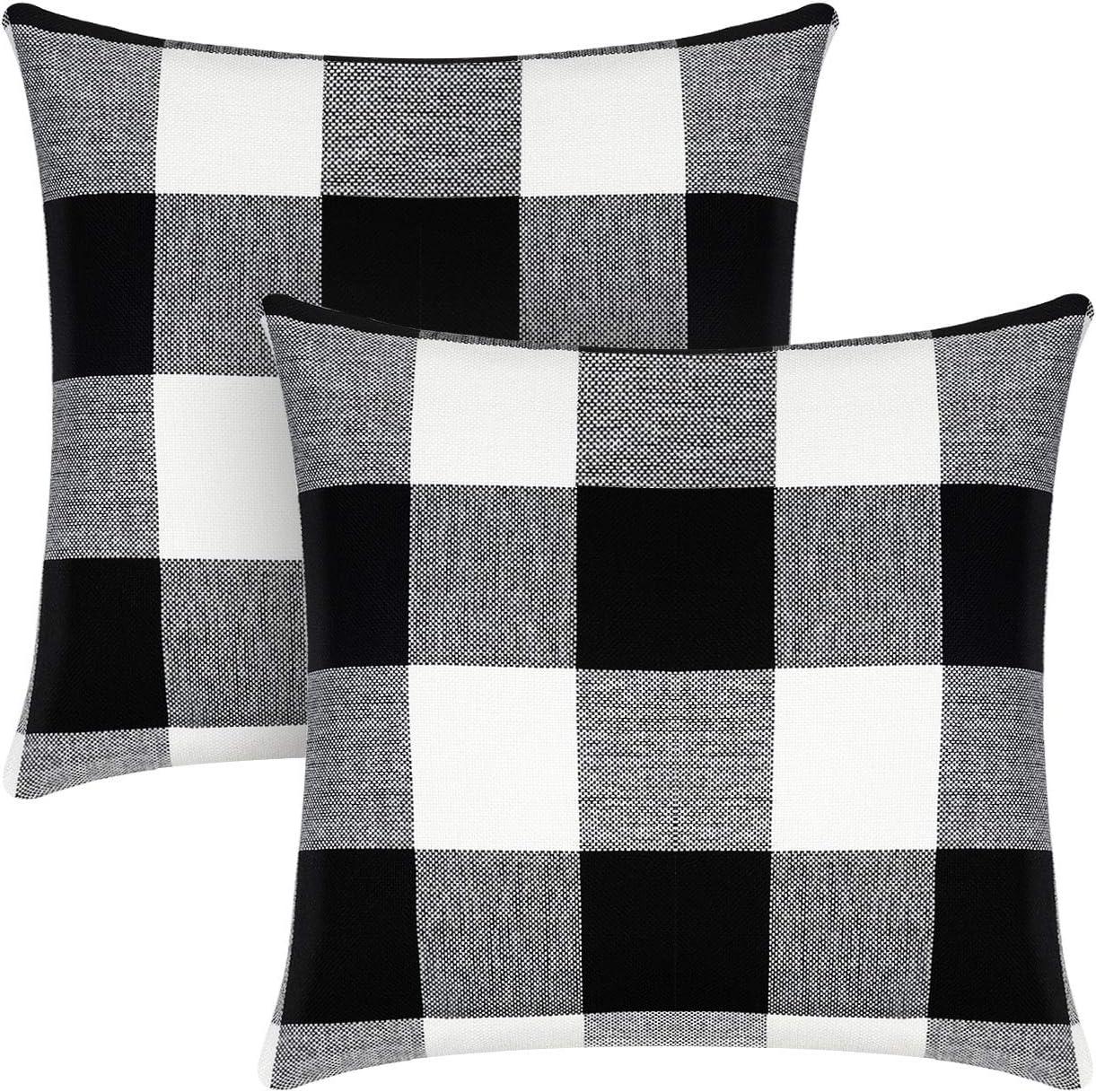 Syntus Set of 2 Buffalo Check Throw Pillow Covers Farmhouse Outdoor Plaid Square Pillow Cushion Case Black and White Polyester Linen for Christmas Thanksgiving Decor Car Bed Sofa, 18 x 18 inches