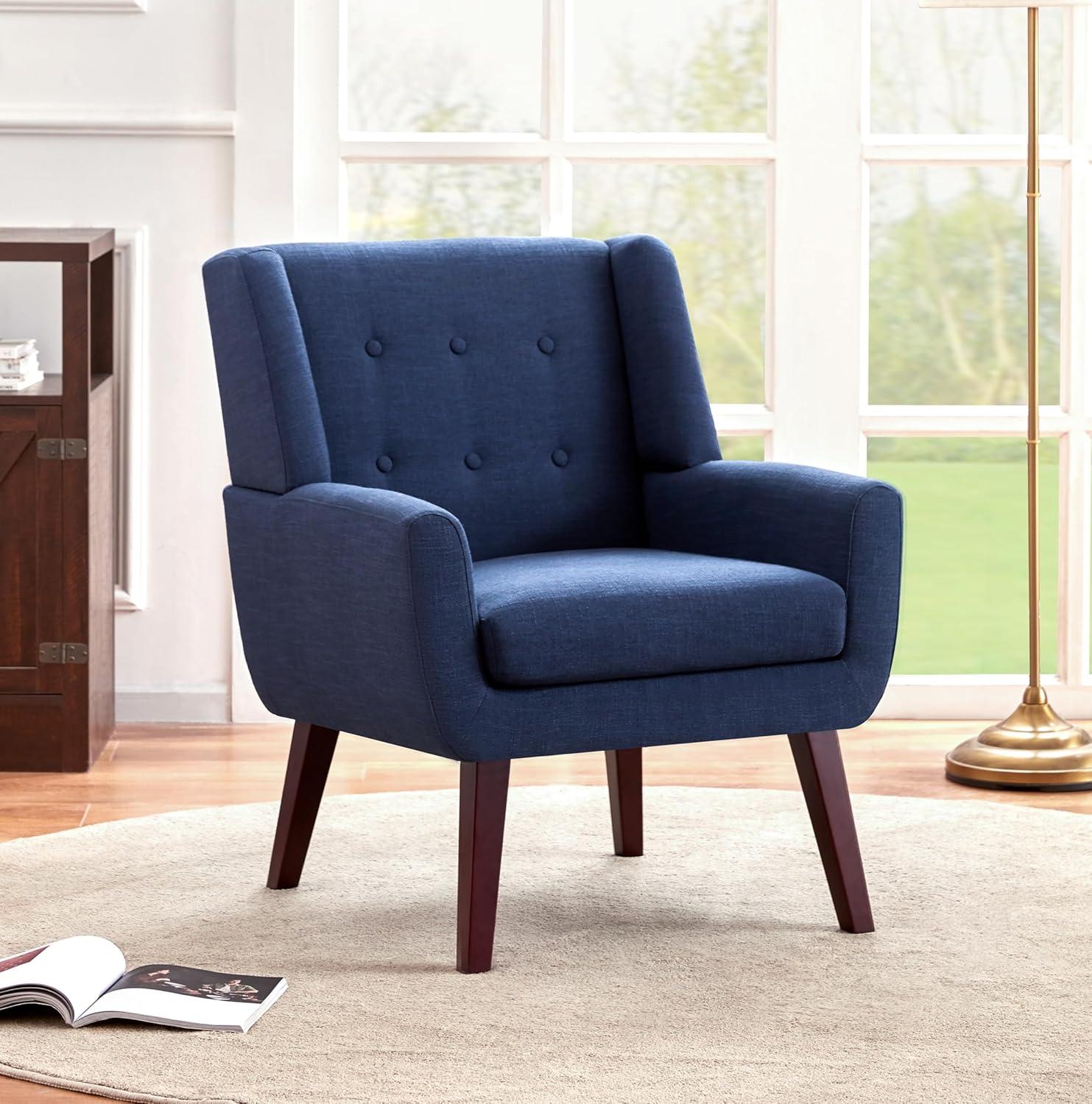 Accent Chair, Comfy Upholstered Mid Century Modern Armchair, Button-Tufted with Linen Fabric Lounge Arm Chairs for Living Room Bedroom(Dark Blue)