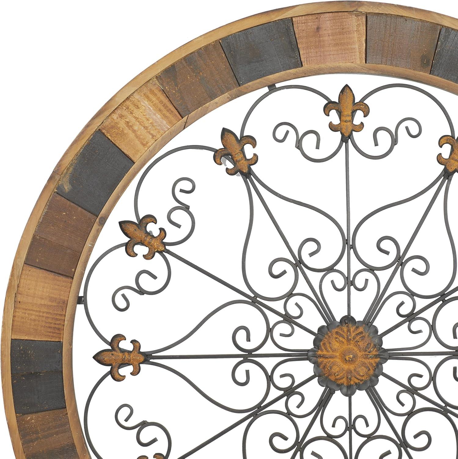 DecMode Brown Wood Arabesque Scroll Wall Decor with Metal Fleur De Lis Relief