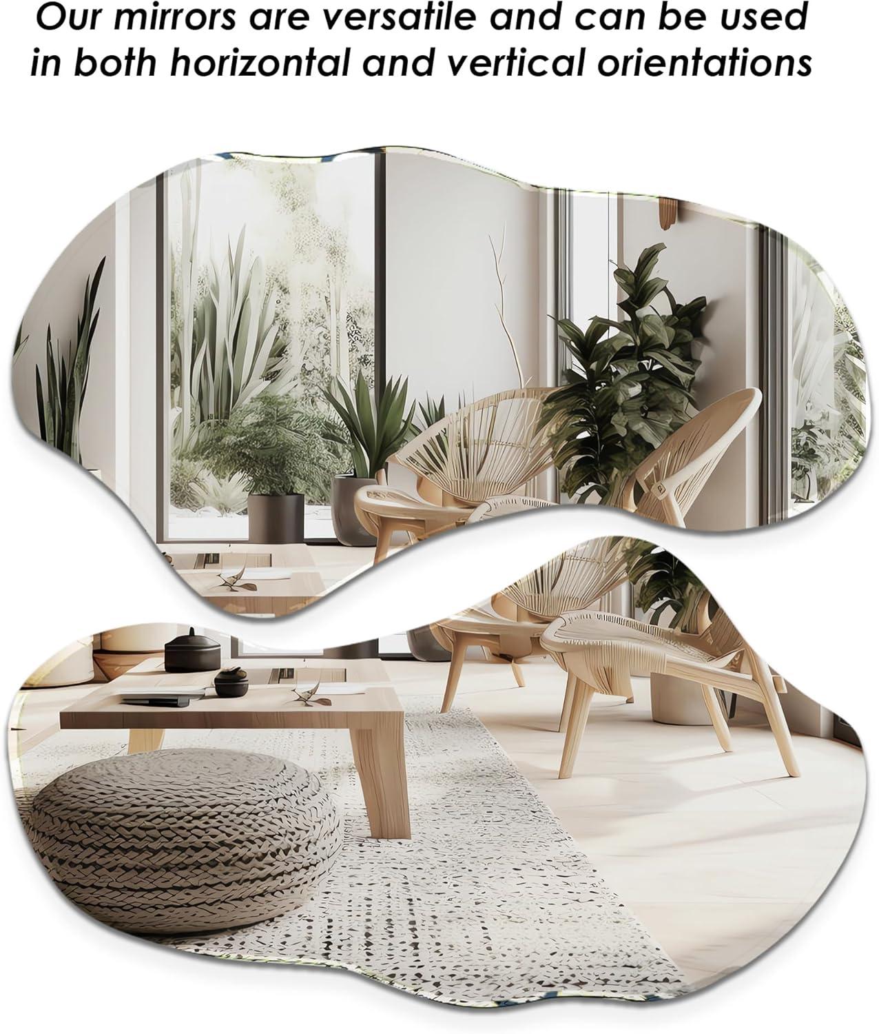 Irregular Wall Mirror, Set of 2, 31.5 x 17.5, Asymmetrical Curvy Groovy Blob Decor for Living Room Entryway Bathroom