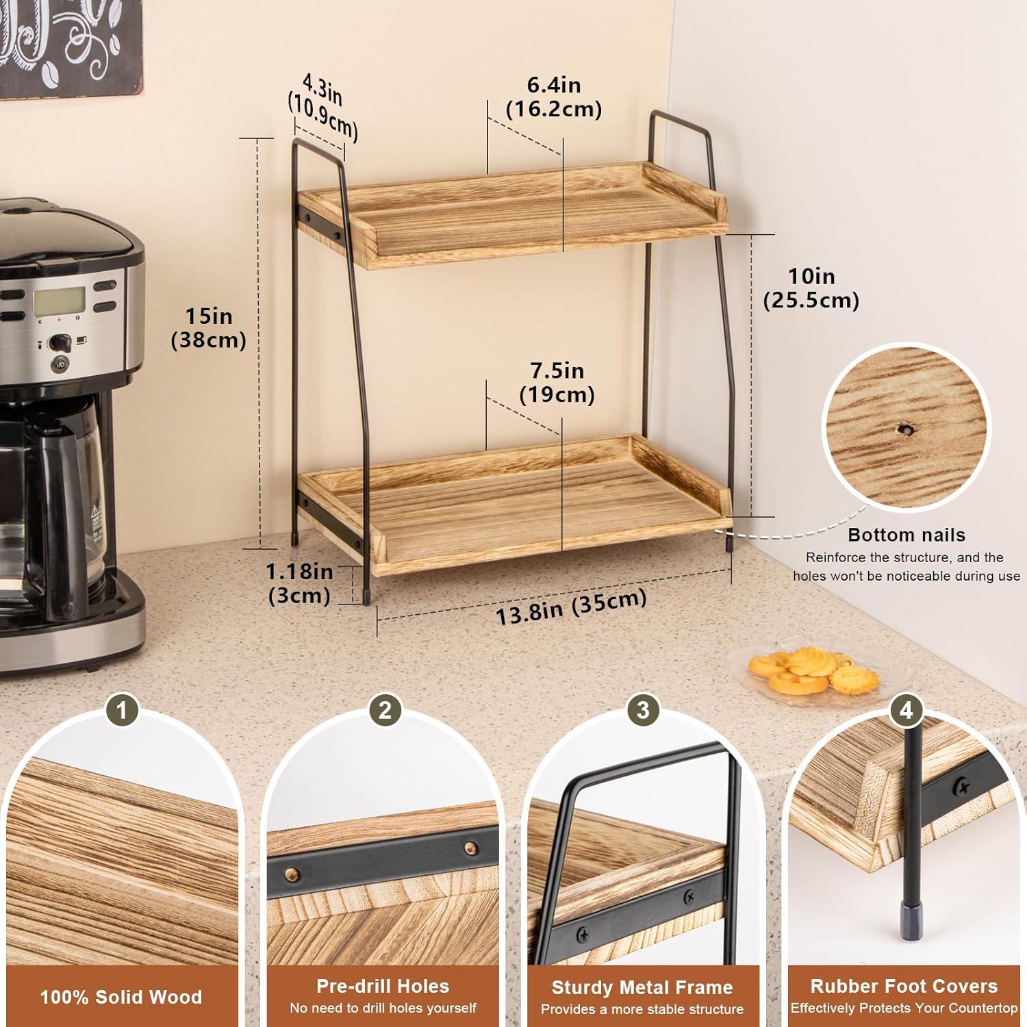 Brown 2-Tier Wooden and Iron Coffee Station Organizer