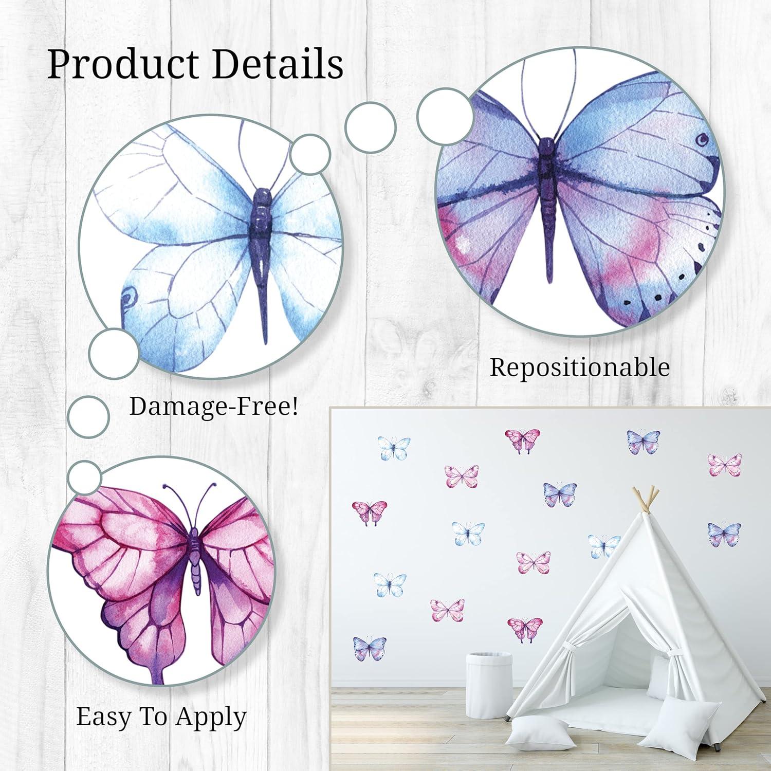 Decalcomania Butterfly Wall Decals - Set of 16 Watercolor Butterflies Wall Stickers for Girls Bedroom Kitchen Bathroom Room Decor Removable Peel and Stick Indoor Décor
