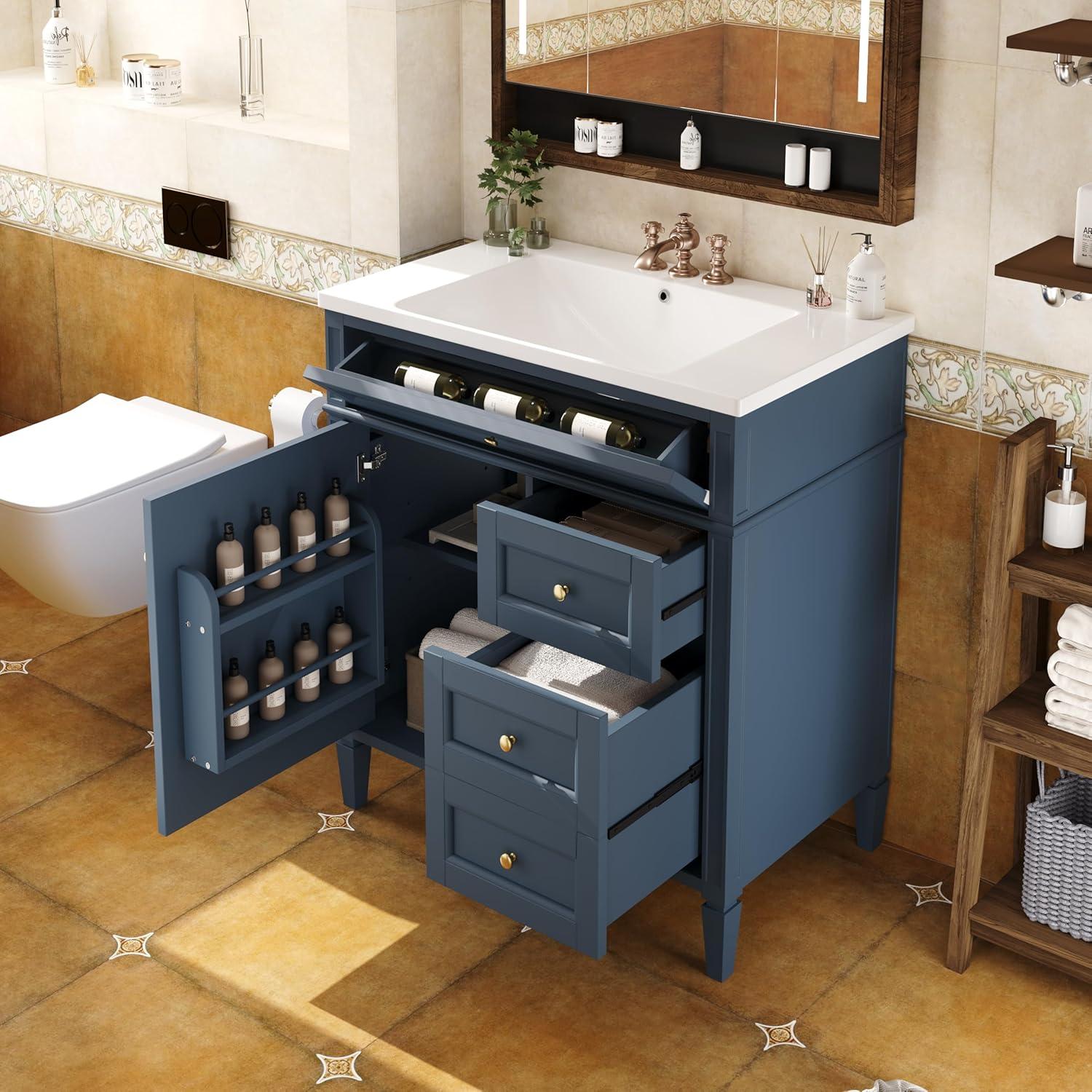 Blue MDF Freestanding Bathroom Vanity with White Resin Sink