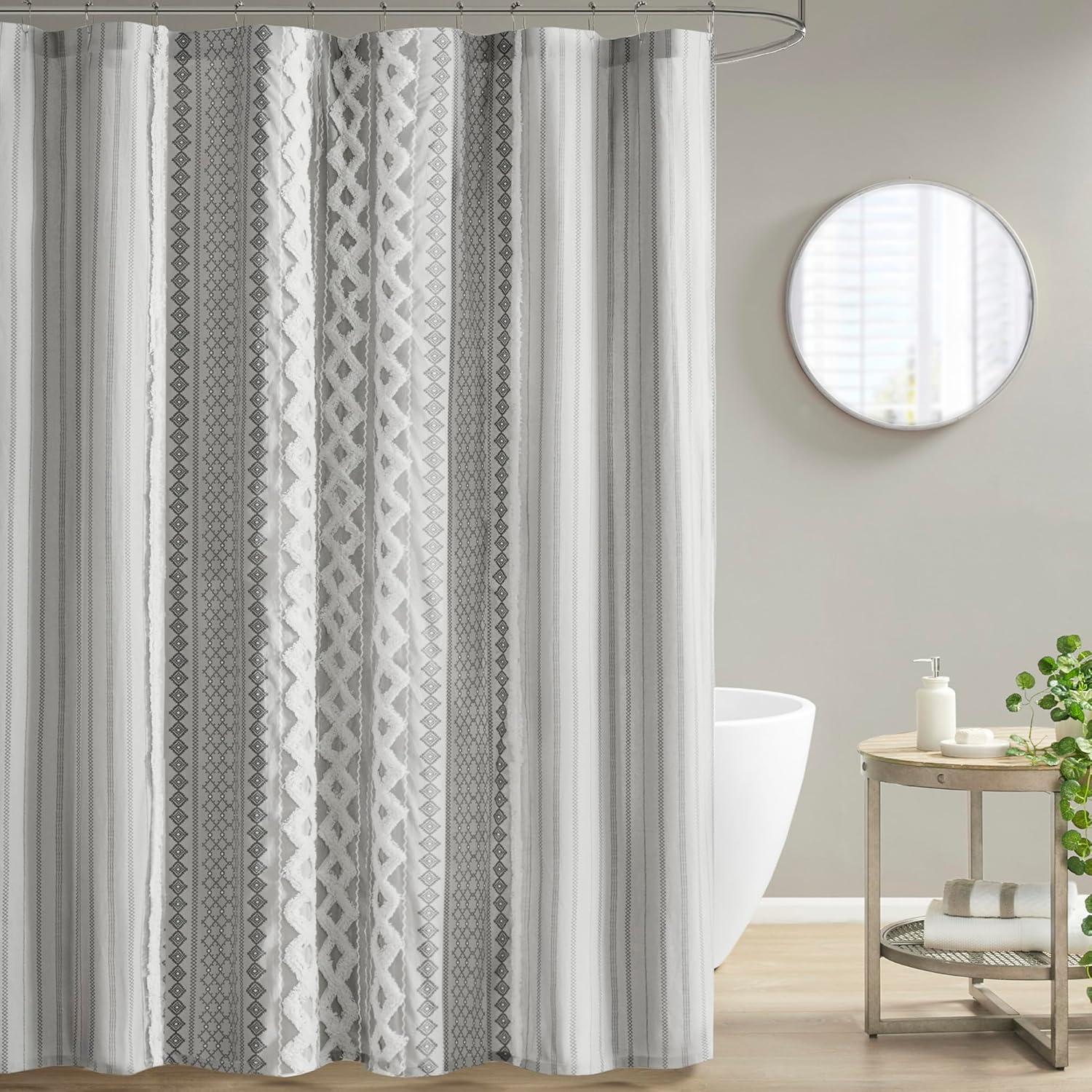 Gray Cotton Aztec Print Chenille Shower Curtain 72" x 72"