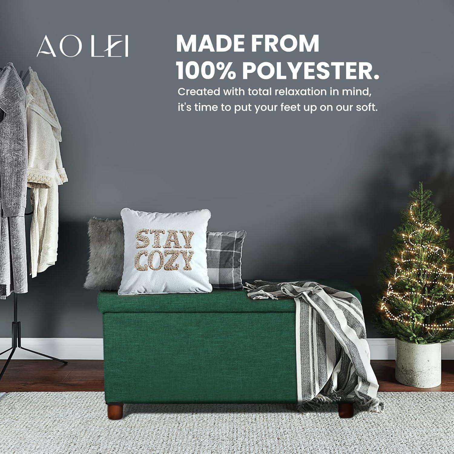 30 Inches Storage Ottoman Bench, Storage Bench with Wooden Legs for Living Room Ottoman Foot Rest Removeable Lid for Bedroom End of Bed, Linen Fabric Green Color