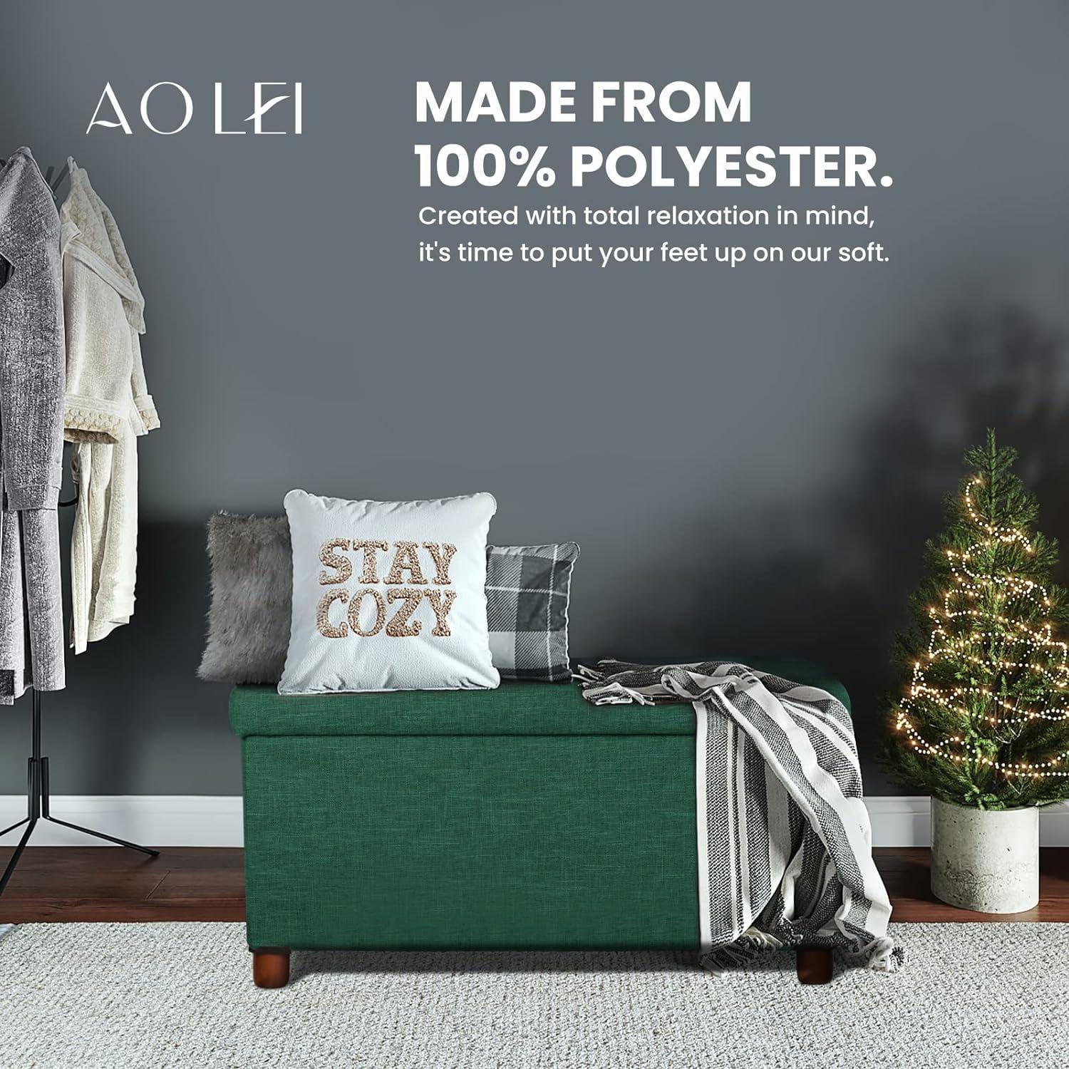 30 Inches Storage Ottoman Bench, Storage Bench with Wooden Legs for Living Room Ottoman Foot Rest Removeable Lid for Bedroom End of Bed, Linen Fabric Green Color