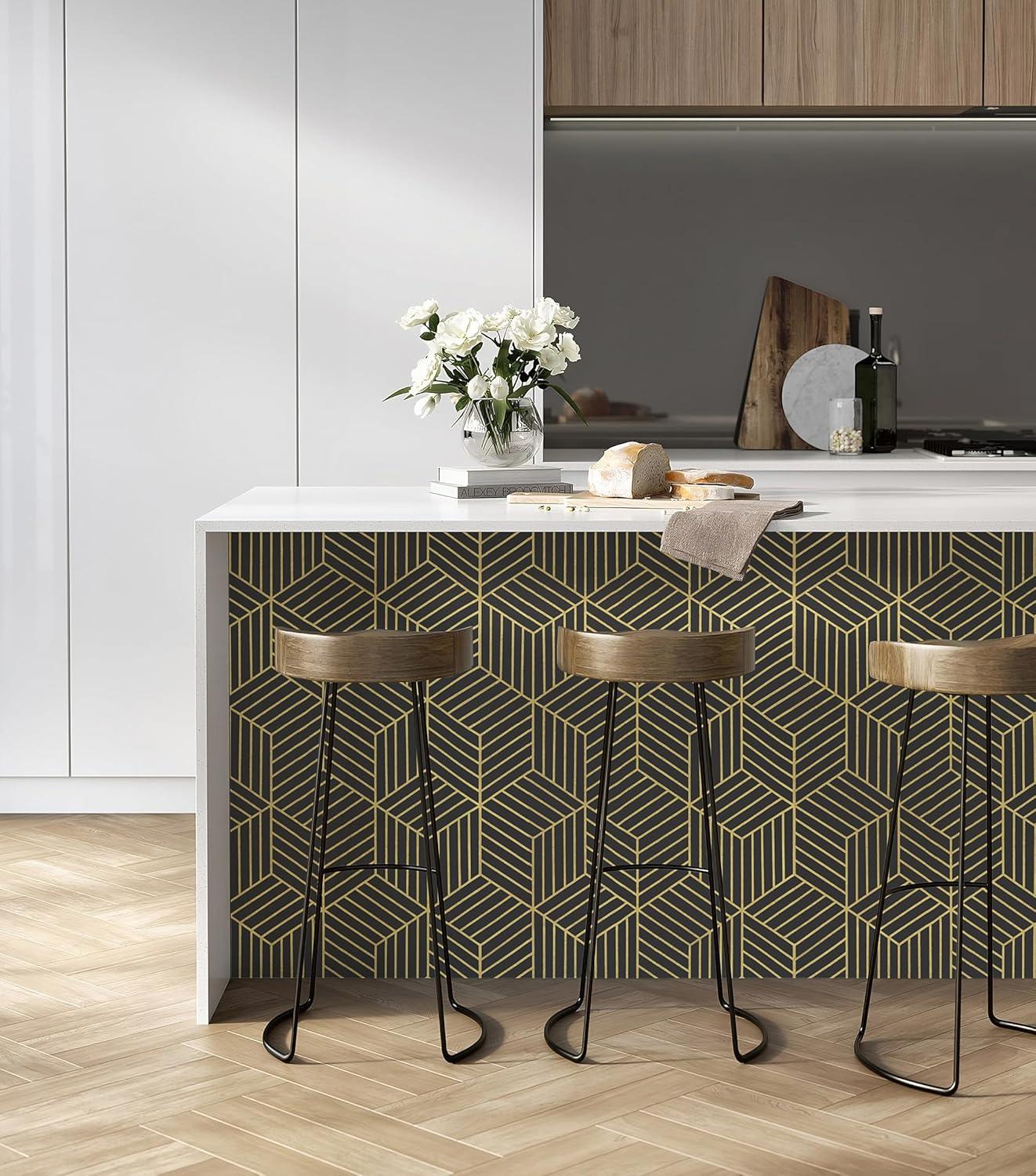 Wallpaper Black And Gold Peel And Stick Wallpaper Geometric Striped Hexagon Wallpaper Removable Self Adhesive Wall Paper Waterproof Vinyl Contact Paper For Cabinets Shelf Drawer 15.7"X78.7"