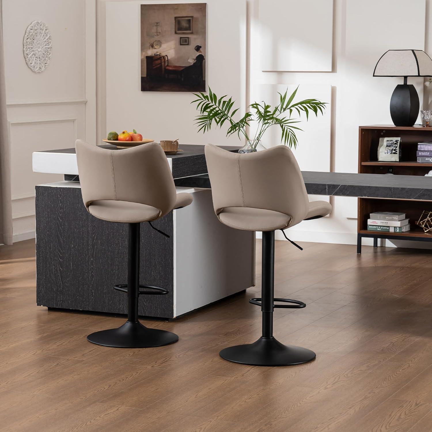 Khaki Adjustable Swivel Faux Leather Bar Stools with Metal Base