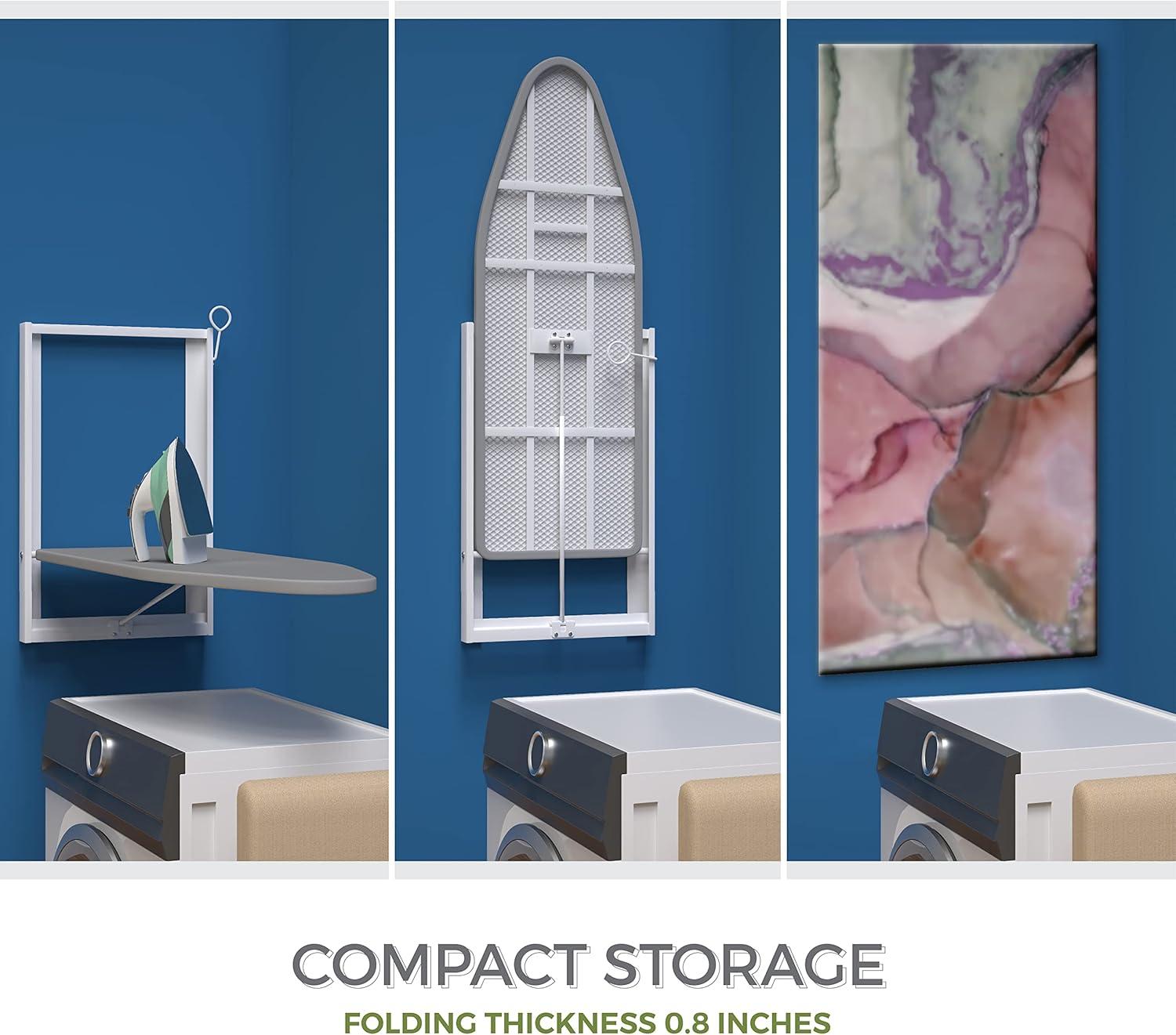 Xabitat Wall Mounted Ironing Board | 37" X 15" Compact Mount Fold Down Ironing Board for Small Spaces | Space Saving with Cotton Fabric Cover | White and Grey