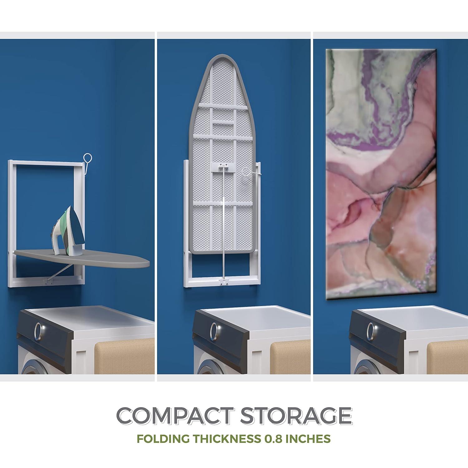 Xabitat Wall Mounted Ironing Board | 37" X 15" Compact Mount Fold Down Ironing Board for Small Spaces | Space Saving with Cotton Fabric Cover | White and Grey