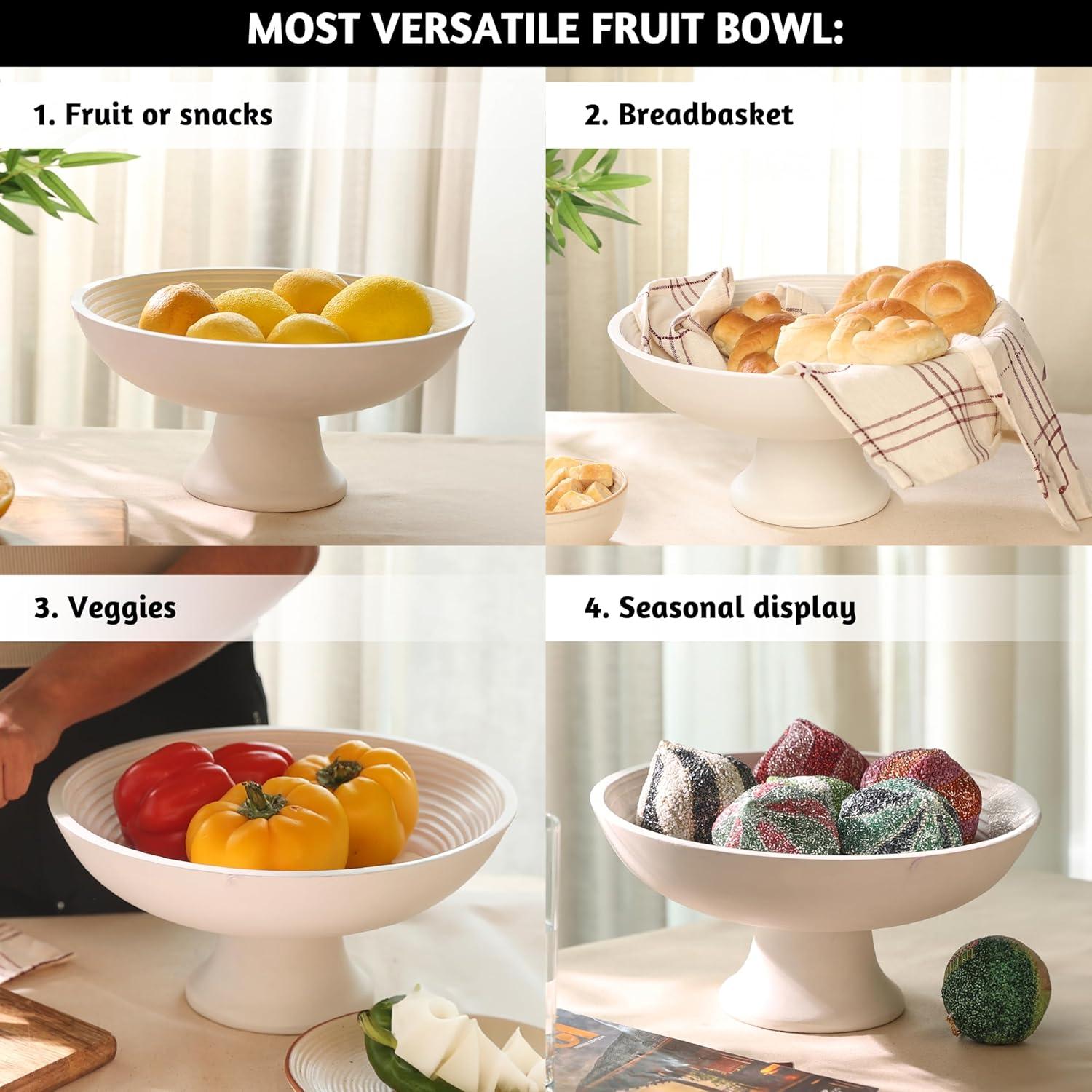 White Round Mango Wood Fruit Bowl for Serving and Decor