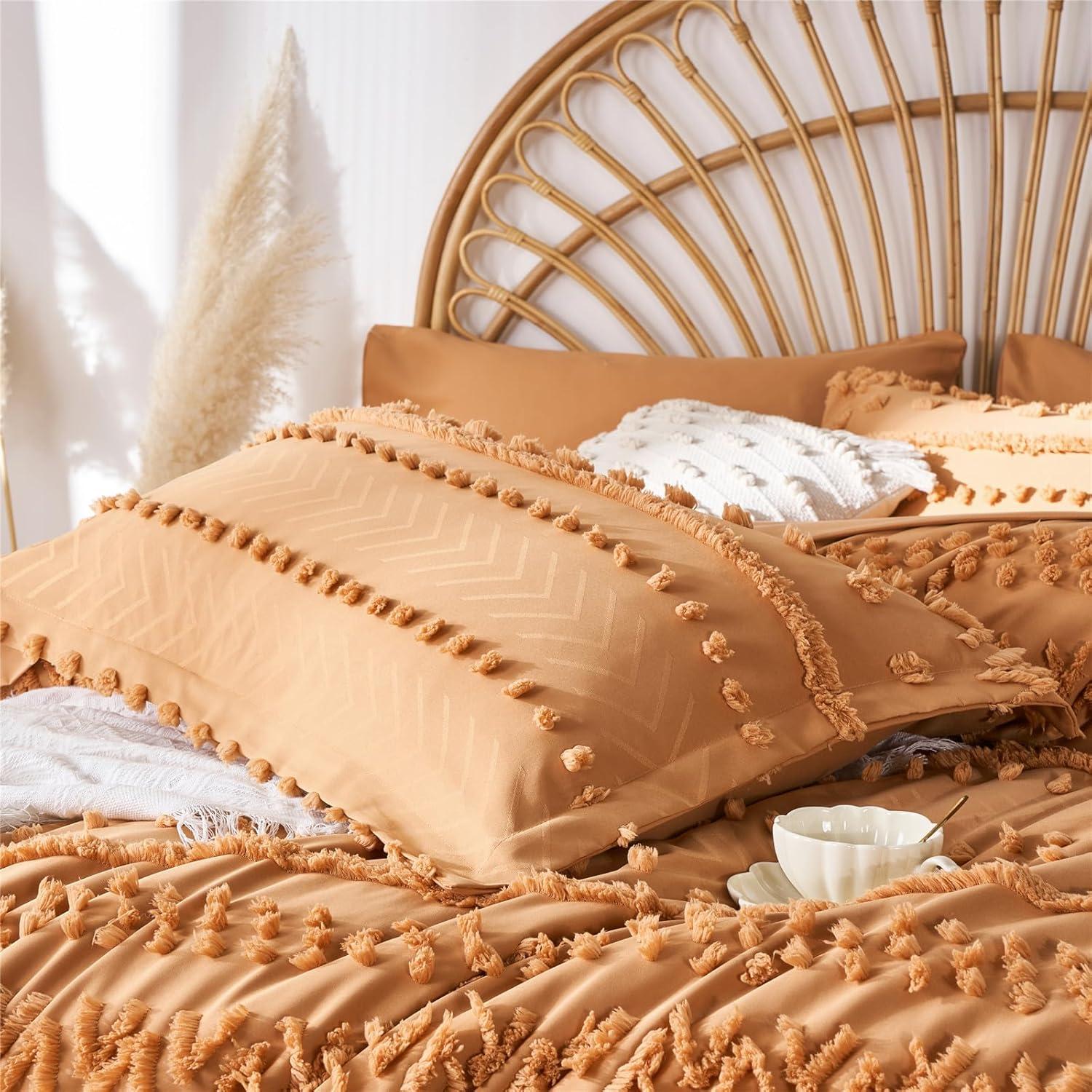 7 Pieces Queen Comforter Set, Pumpkin Tufted Boho Shabby Chic Bed in a Bag Comforter and Sheet Set, All Season Soft Microfiber Complete Bedding Set (Pumpkin, Queen)