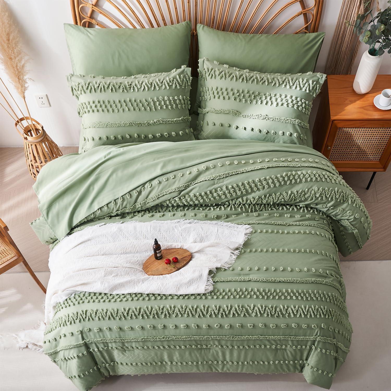 Sage Green Microfiber King Boho Comforter Set with Pom-Pom Accents