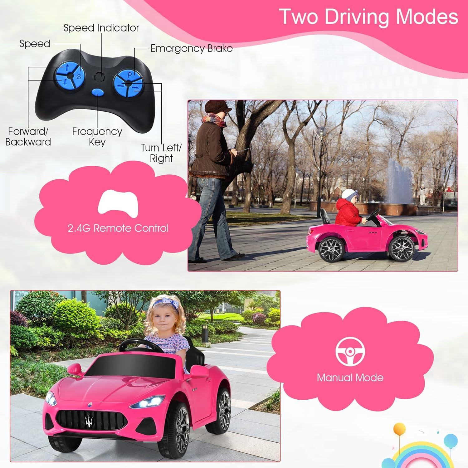 Joywhale 12V Kids Ride on Car Licensed Maserati Battery Powered Electric Vehicle for Kids Ages 3-6, with 2.4G Remote Control, Metal Suspension, Safety Belt, Bright Headlights, Music & FM, Pink