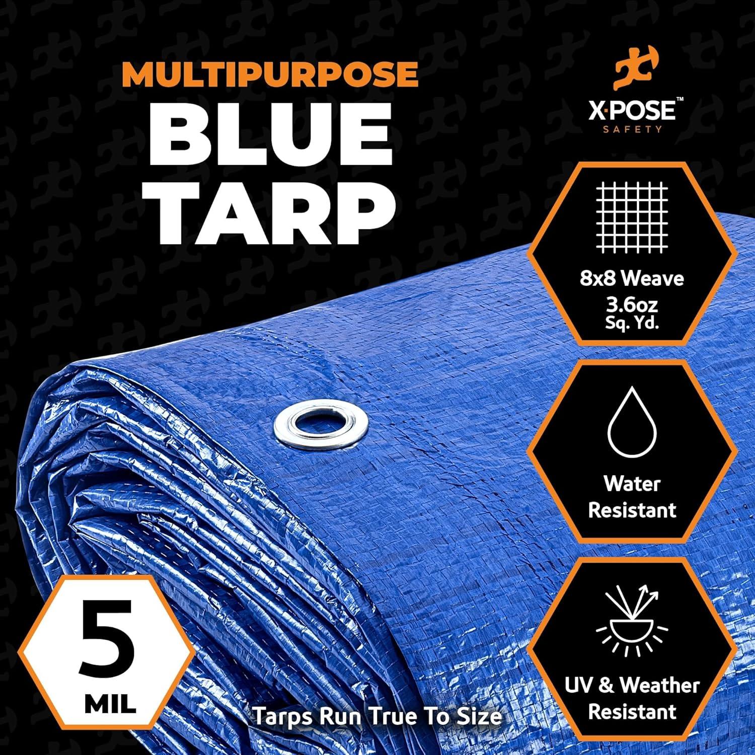 Xpose Safety Better Blue Poly Tarp 40' x 60' - Multipurpose Protective Cover - Lightweight, Durable, Waterproof, Weather Proof - 5 Mil Thick Polyethylene