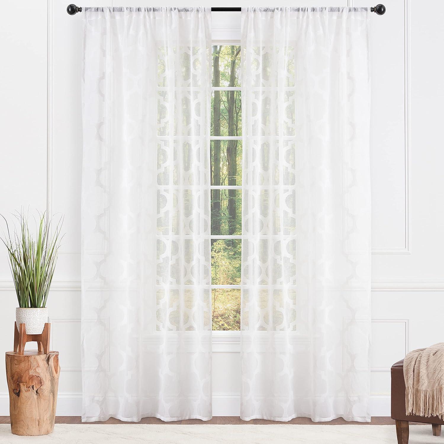 Chanasya 2pk Quatrefoil Voile Sheer Window Curtain Panels - Set of 2 - 52 x 63 Inches Long - White
