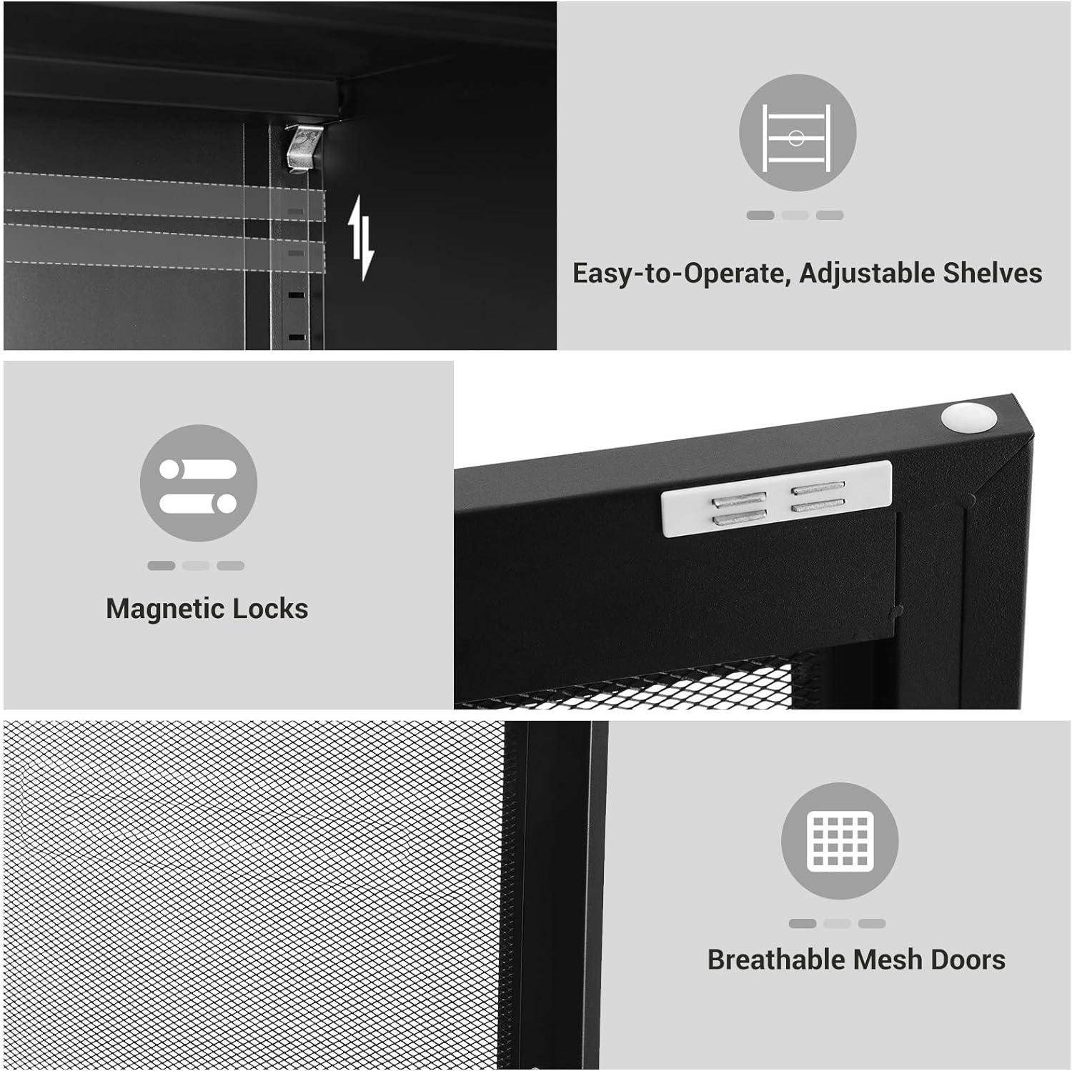 SONGMICS Metal Storage Cabinet with Mesh Doors, Steel Display Cabinets with Adjustable Shelves for Bathroom Home Office, Black