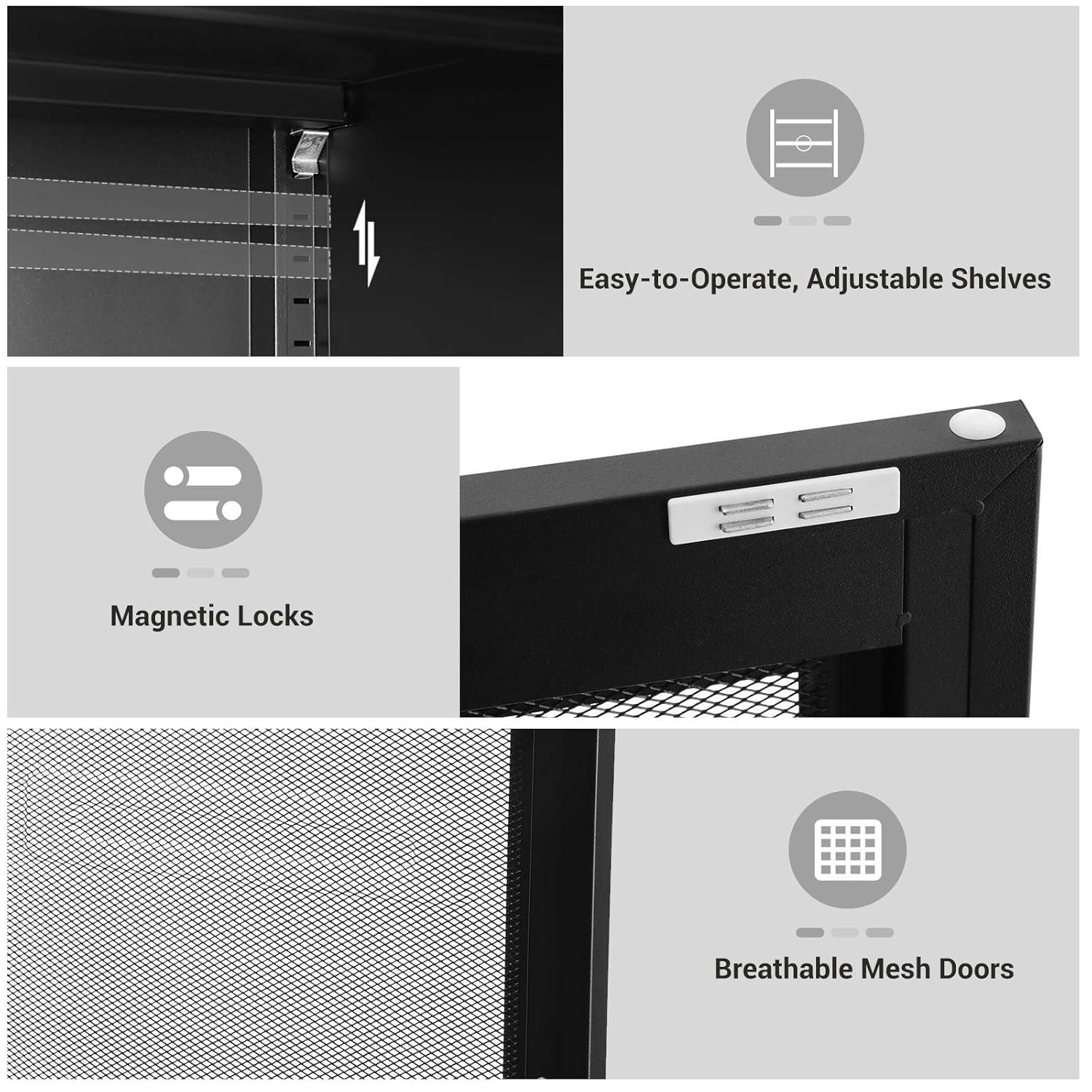 SONGMICS Metal Storage Cabinet with Mesh Doors, Steel Display Cabinets with Adjustable Shelves for Bathroom Home Office, Black