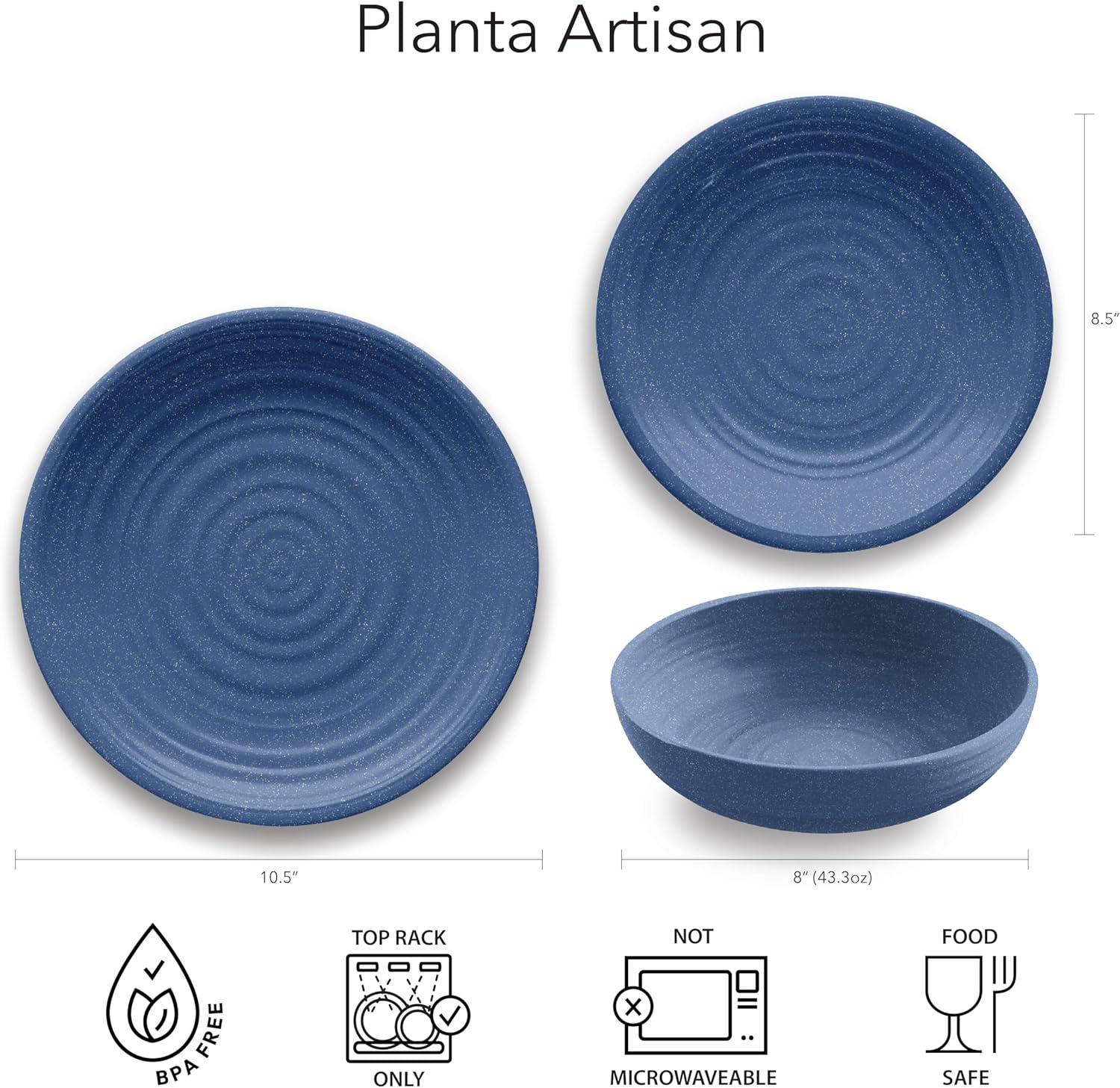 TarHong Planta Artisan Solids Low Bowl, Planta (Majority Plant Based with Melamine Binder), Shatterproof, Indoor/Outdoor Entertaining, Matte Blue, Set of 6