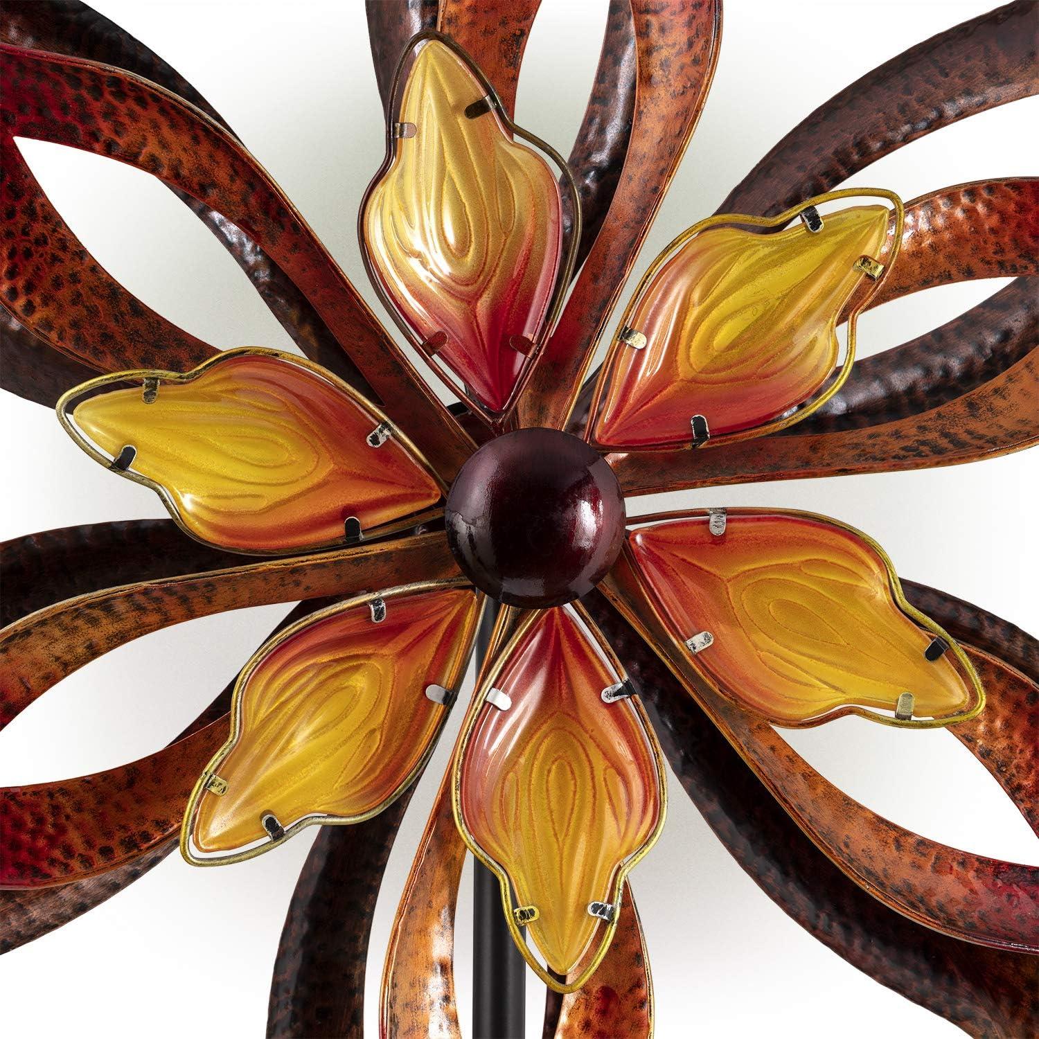 96" Glass/Iron Outdoor Flower Dual Kinetic Spinner Stake Red/Yellow - Alpine Corporation: Yard Art Decor
