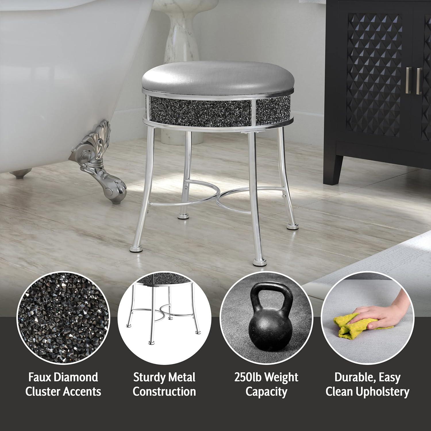 Hillsdale Roma Diamond Glam Fabric Upholstered Backless Vanity Stool in Chrome