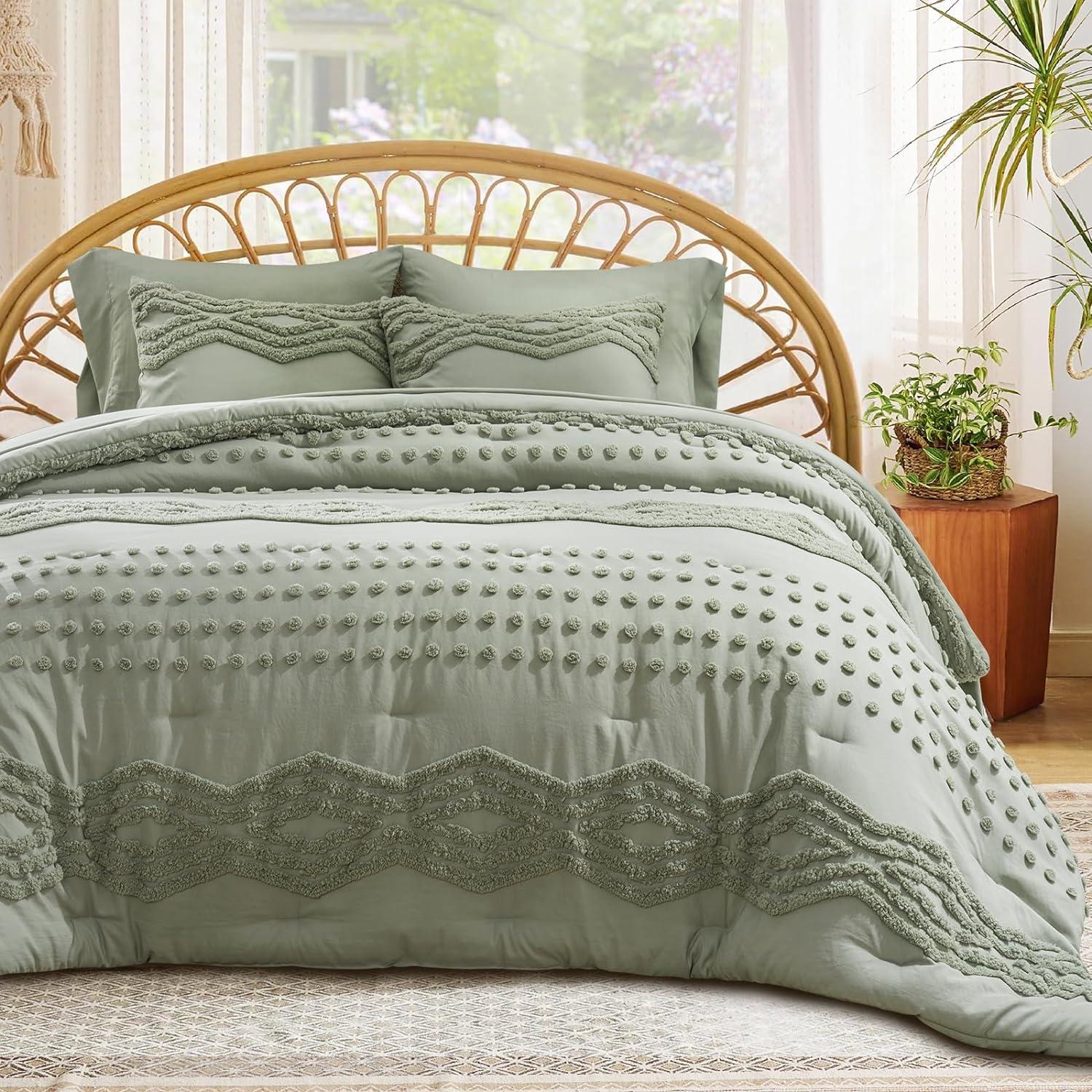 Sage Green Microfiber King Boho Comforter Set with Pom-Pom Accents