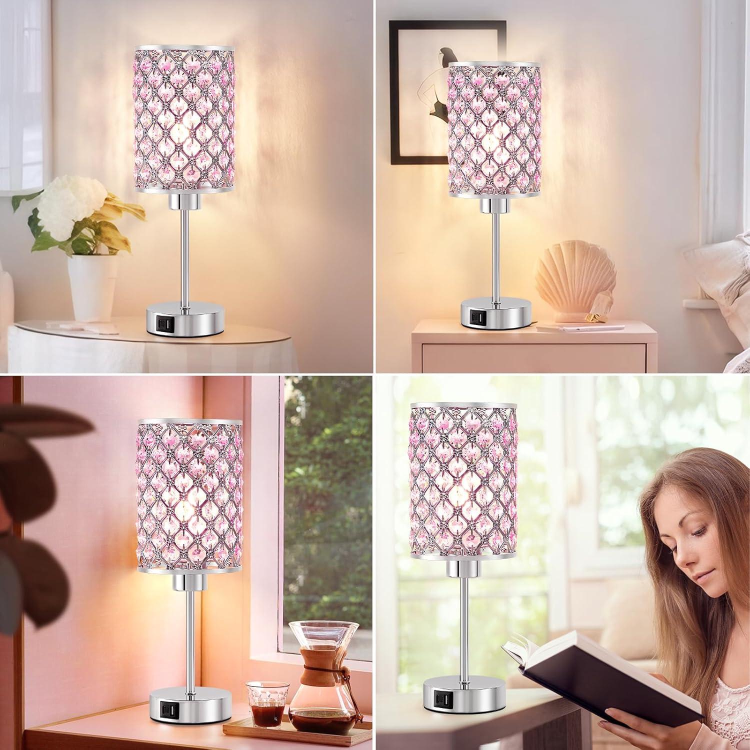 Crystal Table Lamp, Pink Touch Lamp with USB C+A Ports, 3 Way Dimmable with Crystal Shade, Small Bedside Lamps for Girl Bedroom, Living Room(Buld Included)