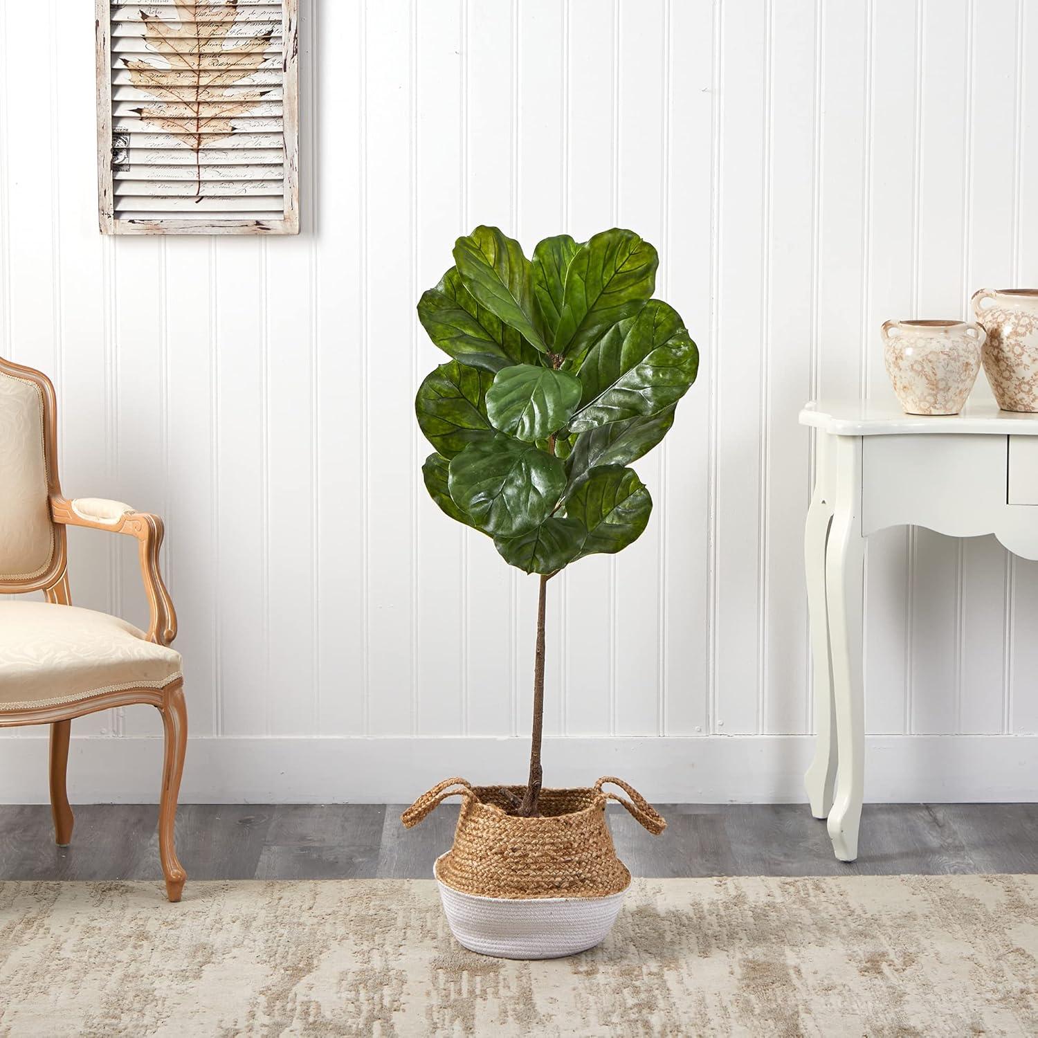 Nearly Natural 4-ft Fiddle Leaf Tree in Boho Chic Handmade Cotton & Jute White Woven Planter UV Resistant