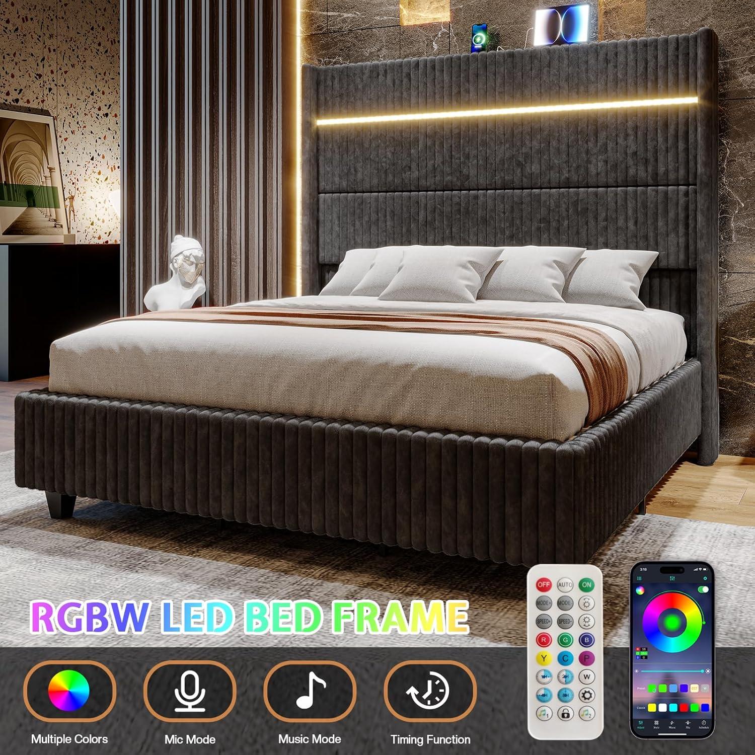 Ivy Bronx LED Bed Frame, Corduroy Upholstered Platform with 60" Tall Headboard & Charging Station