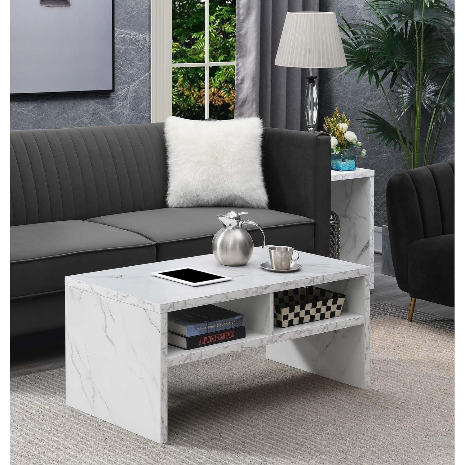 Northfield Admiral Deluxe Coffee Table with Shelves, White Faux Marble