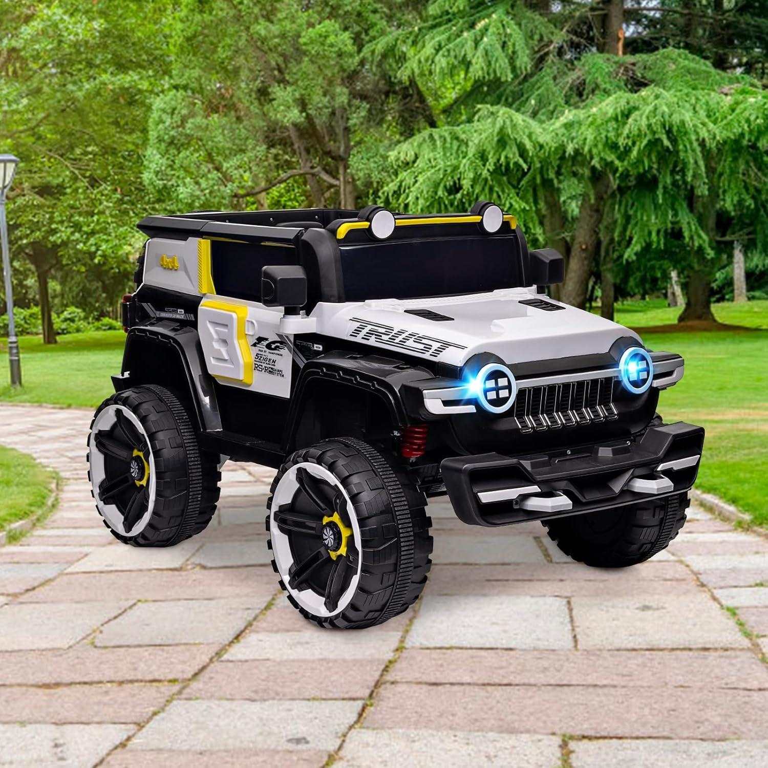 Tuekys 2 Seater Kids Ride On Truck, 12V Battery Powered Electric Vehicle with Spring Suspensions, Remote Control, Decorative Spare Tire, USB, Music, White