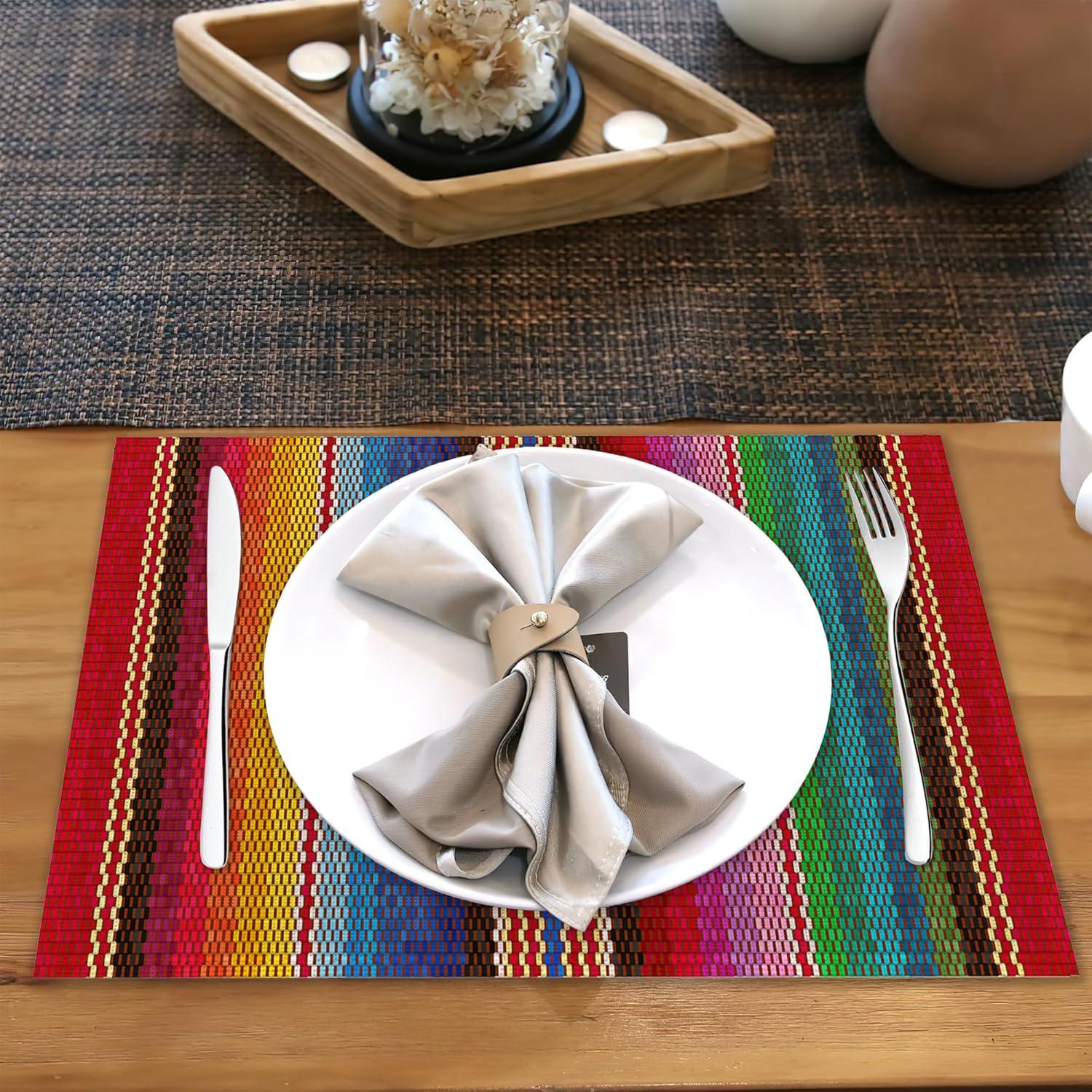Rainbow Colorful Stripe Mexican Placemats Set of 6,Ethnic Mexican,Waterproof Non-Slip Washable Table Mats Set for Kitchen Dining Holiday Party Wedding Decor 12x18 Inch