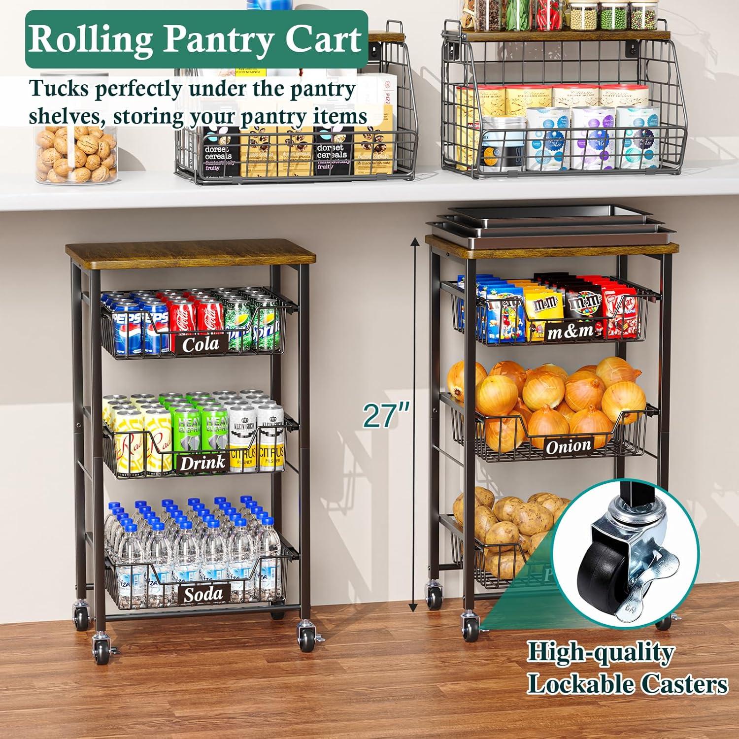 Small Kitchen Storage Cart On Wheels, Metal Fruit Basket Stand With Pull-Out Baskets & Wood Top For Potato Onion Produce Snack Veggies,(4-Tier /Black+ Rustic Board)