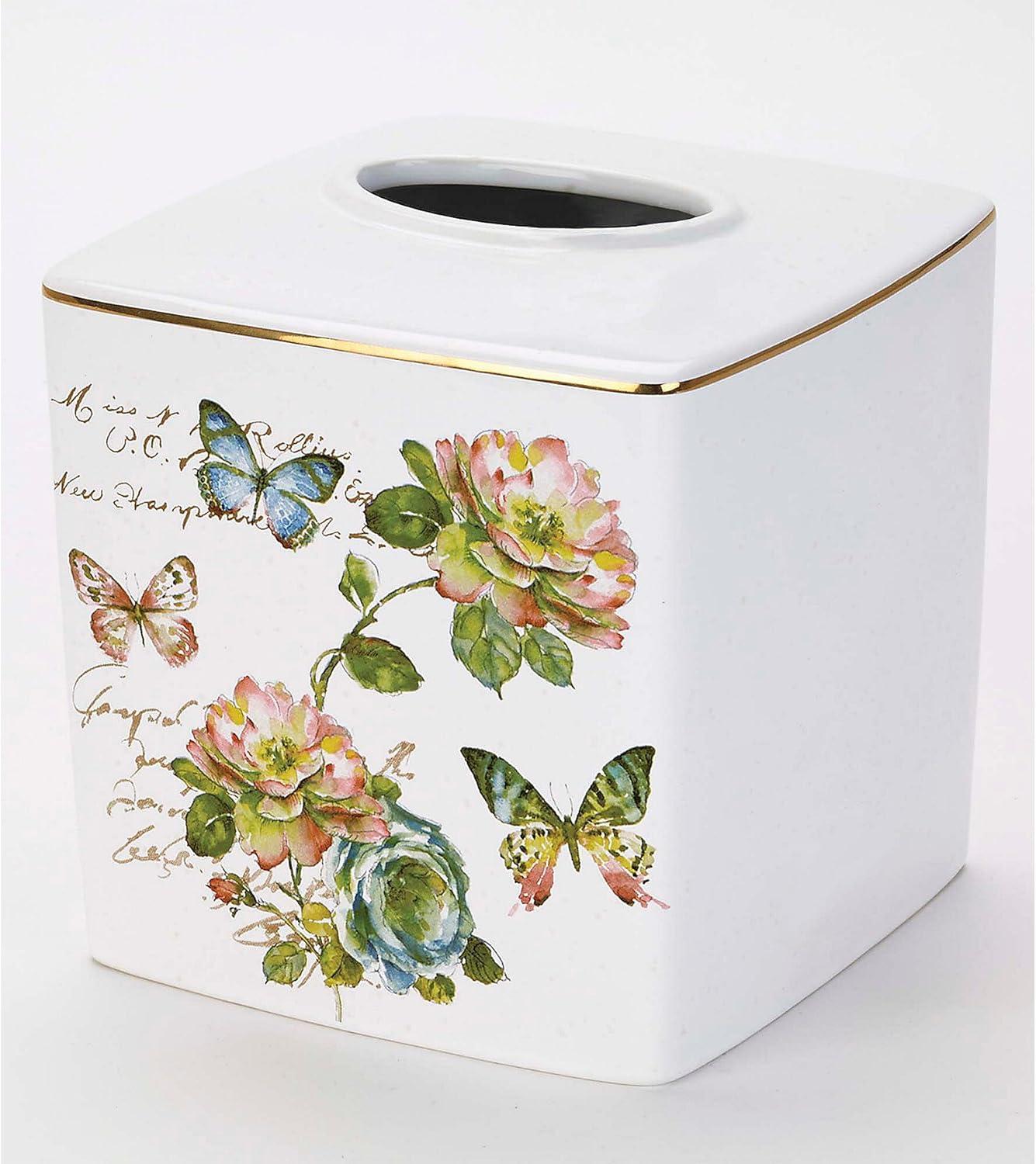 White Ceramic Floral Butterfly Tissue Box Cover