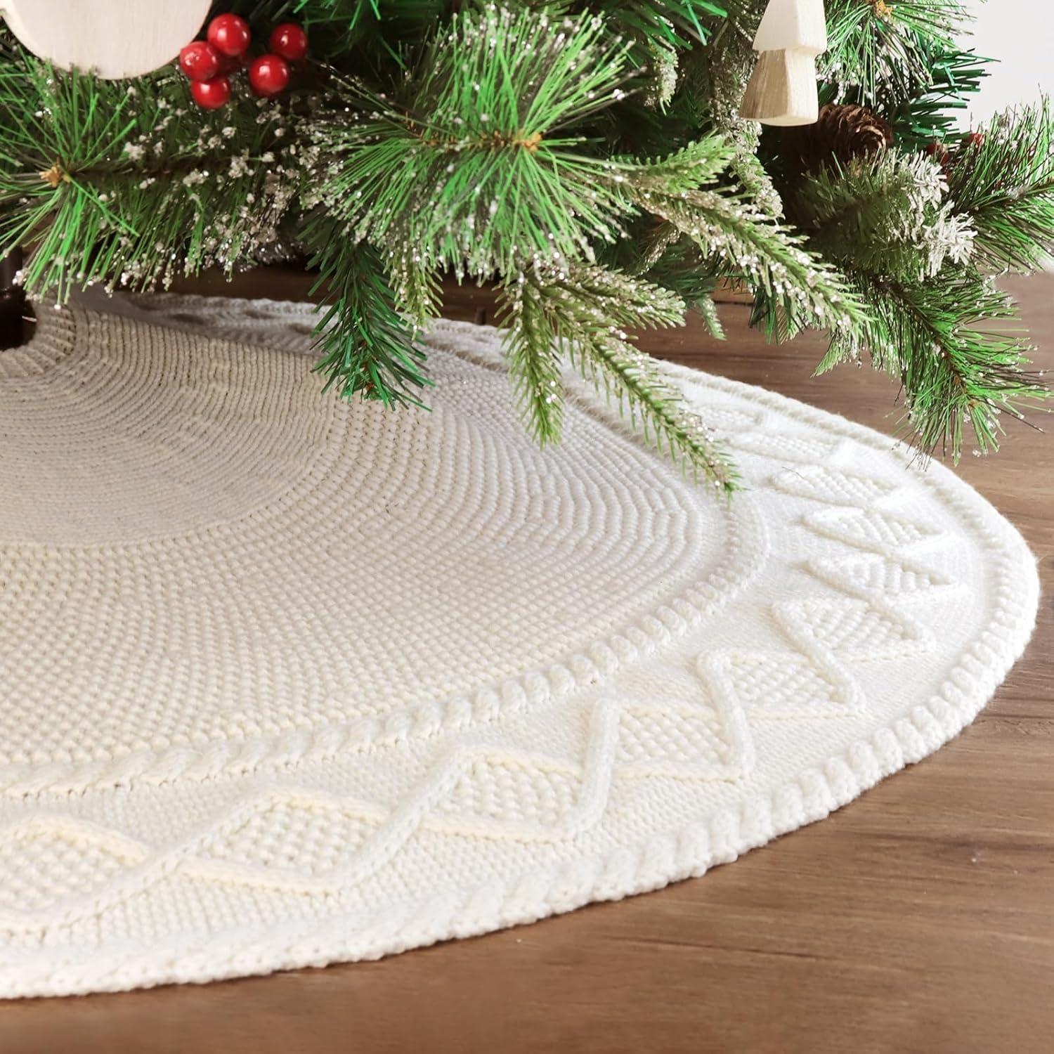 Knitted Christmas Tree Skirt: 48 Inches Cream White Tree Skirt, Diamond Edge Cable Knit Thick Rustic Christmas Tree Decorations, Holiday Christmas Decor Xmas Home Party Decorations