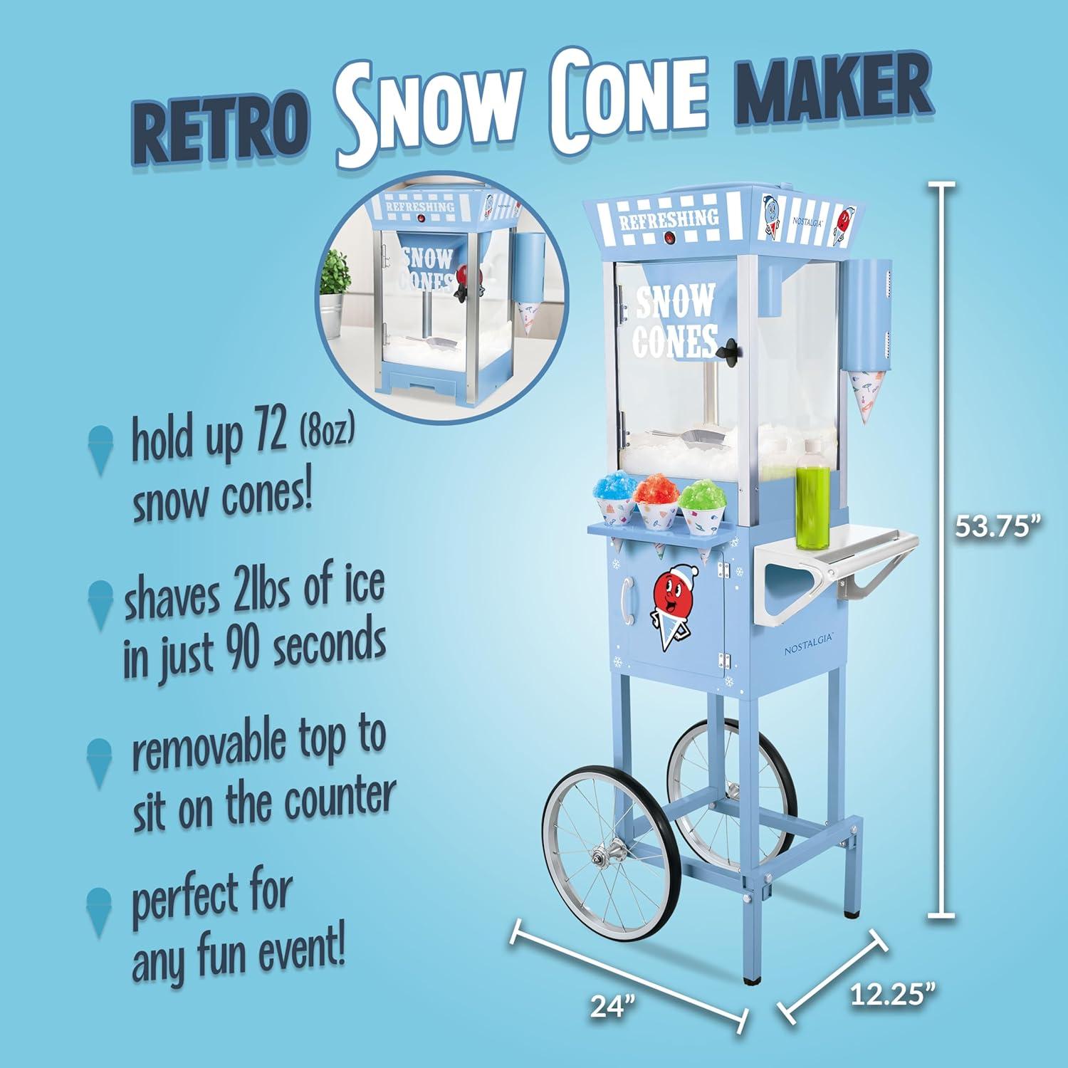 Nostalgia Nostalgia 54-Inch Tall Snow Cone Cart, Makes 72 Icy Treats, Includes Metal Scoop, 2 Syrup Bottles, 100 Paper Cups/Spoons, Storage Compartment, Wheels For Easy Mobility