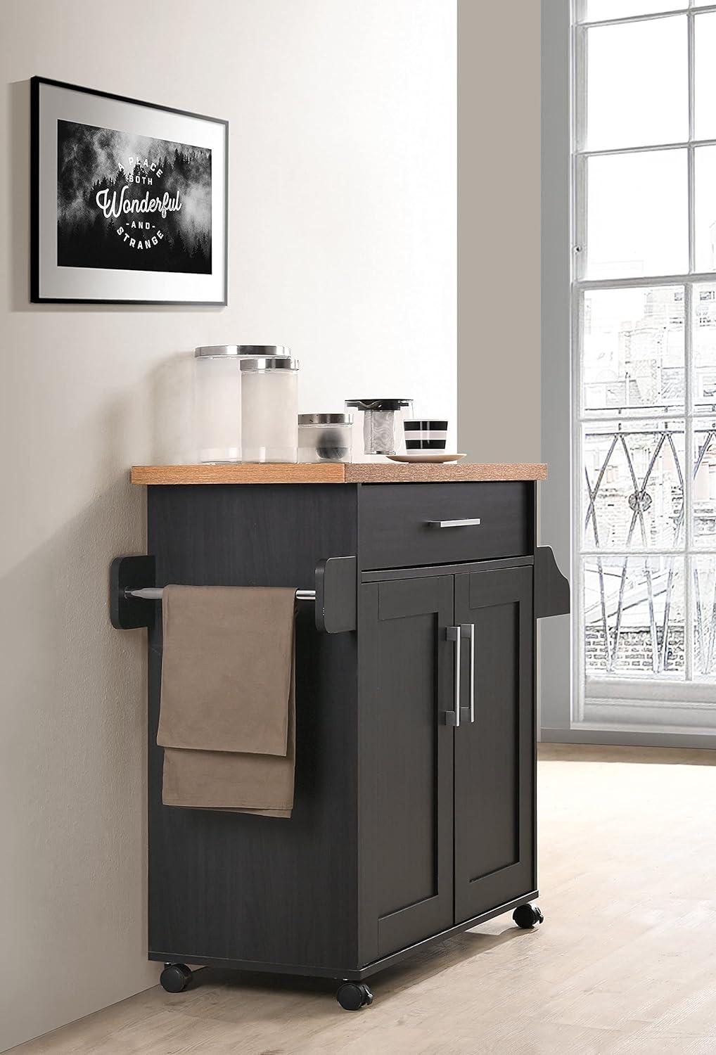 Hodedah Wheeled Kitchen Island with Spice Rack and Towel Holder, Black/Beech