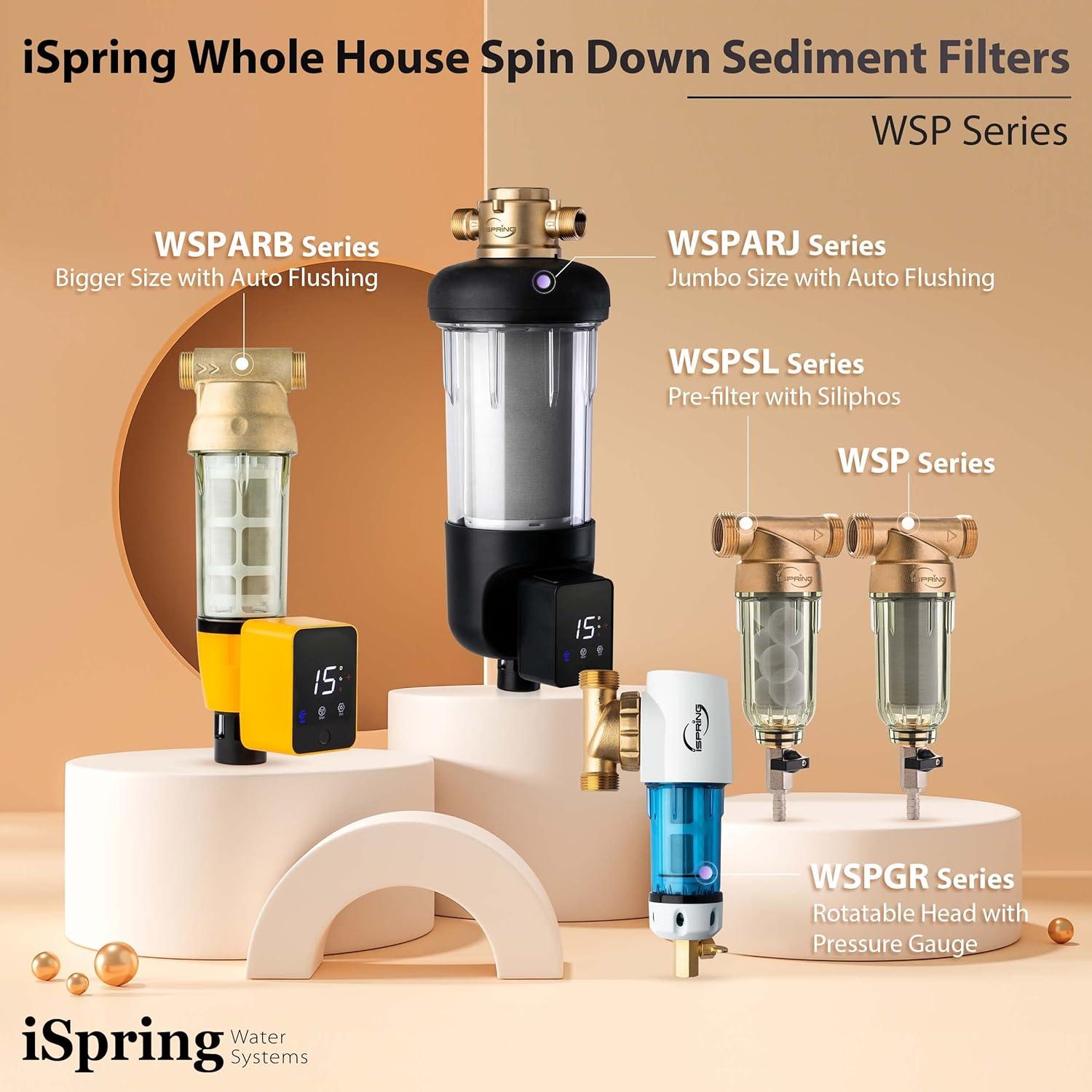 iSpring WSP-50SL Reusable Whole House Spin Down Sediment Water Filter Softener, Includes Siliphos Helps Prevent Scale and Corrosion, 1" MNPT + 3/4" FNPT, 50 Micron