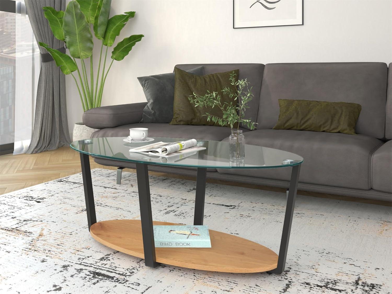 Ren Home Nessa Oval Coffee Table with Glass Top, Oak