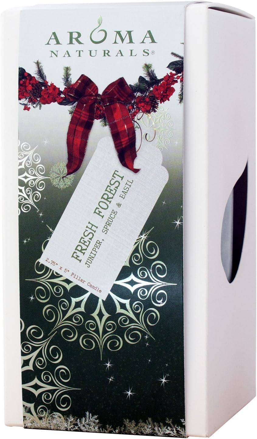 Aroma Naturals Holiday Juniper, Spruce and Basil Essential Oil Pillar Candle, Fresh Forest, 2.75 inch x 5 inch